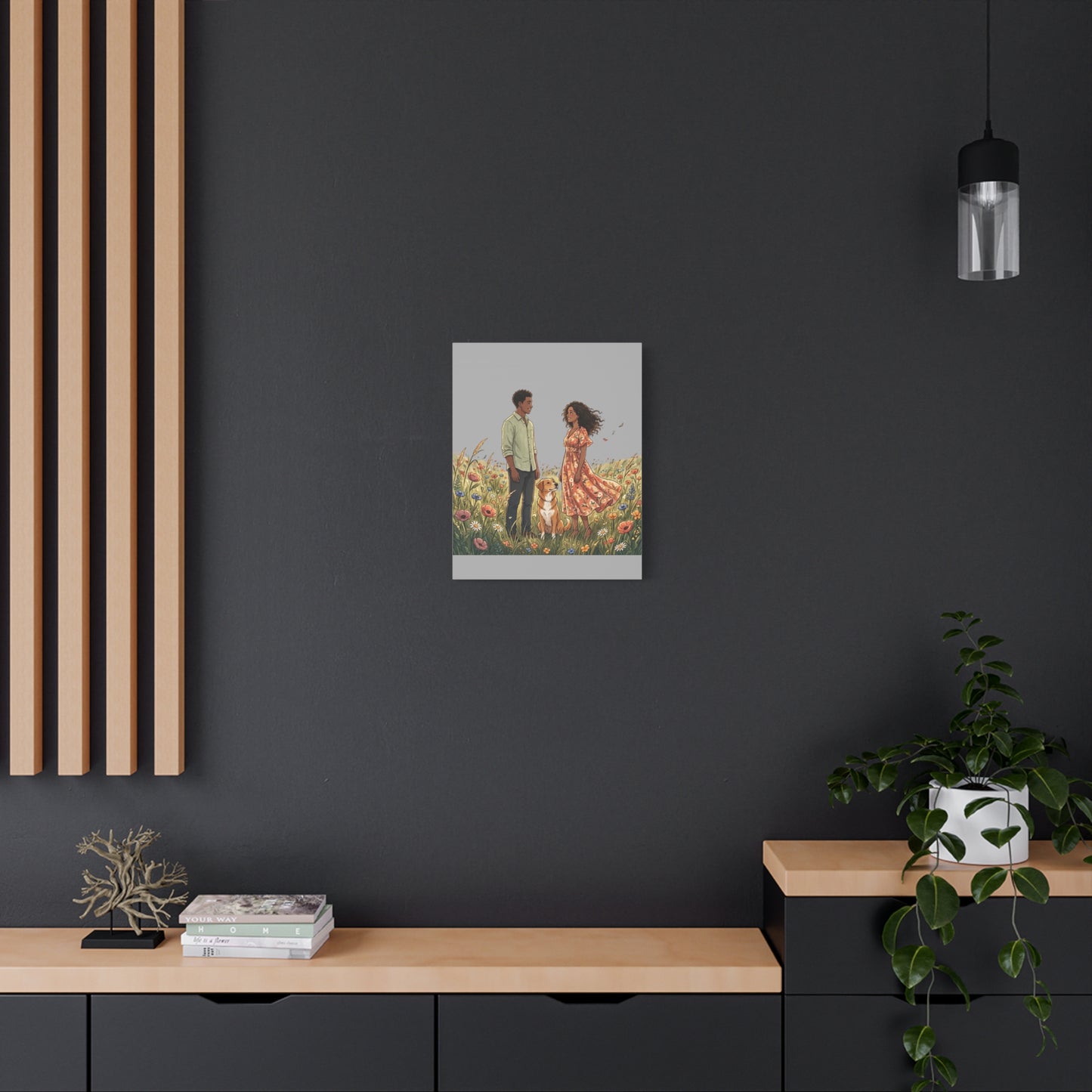 Romantic Couple in Wildflower Field Canvas Art — Black Love Wall Decor with Dog