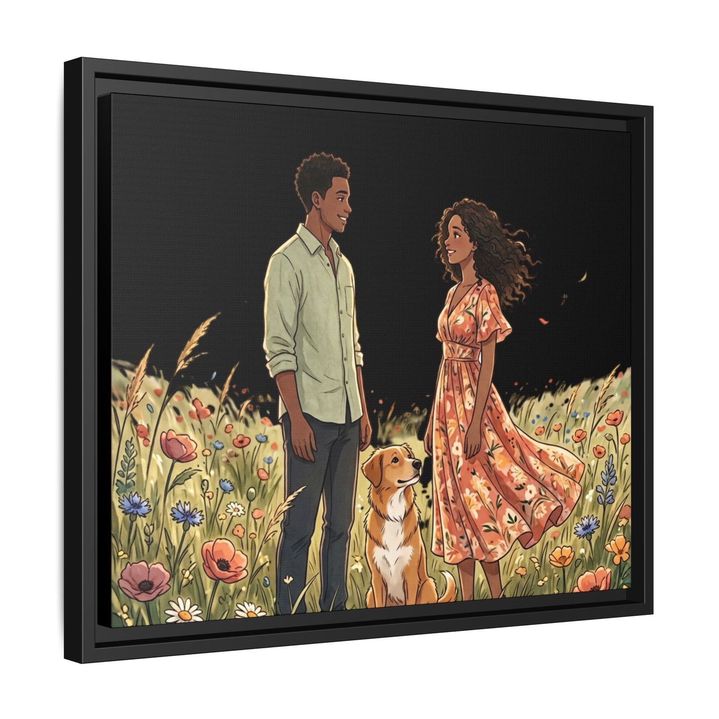Framed Matte Canvas Print — Romantic Couple in Wildflower Field (Multi‑Color)