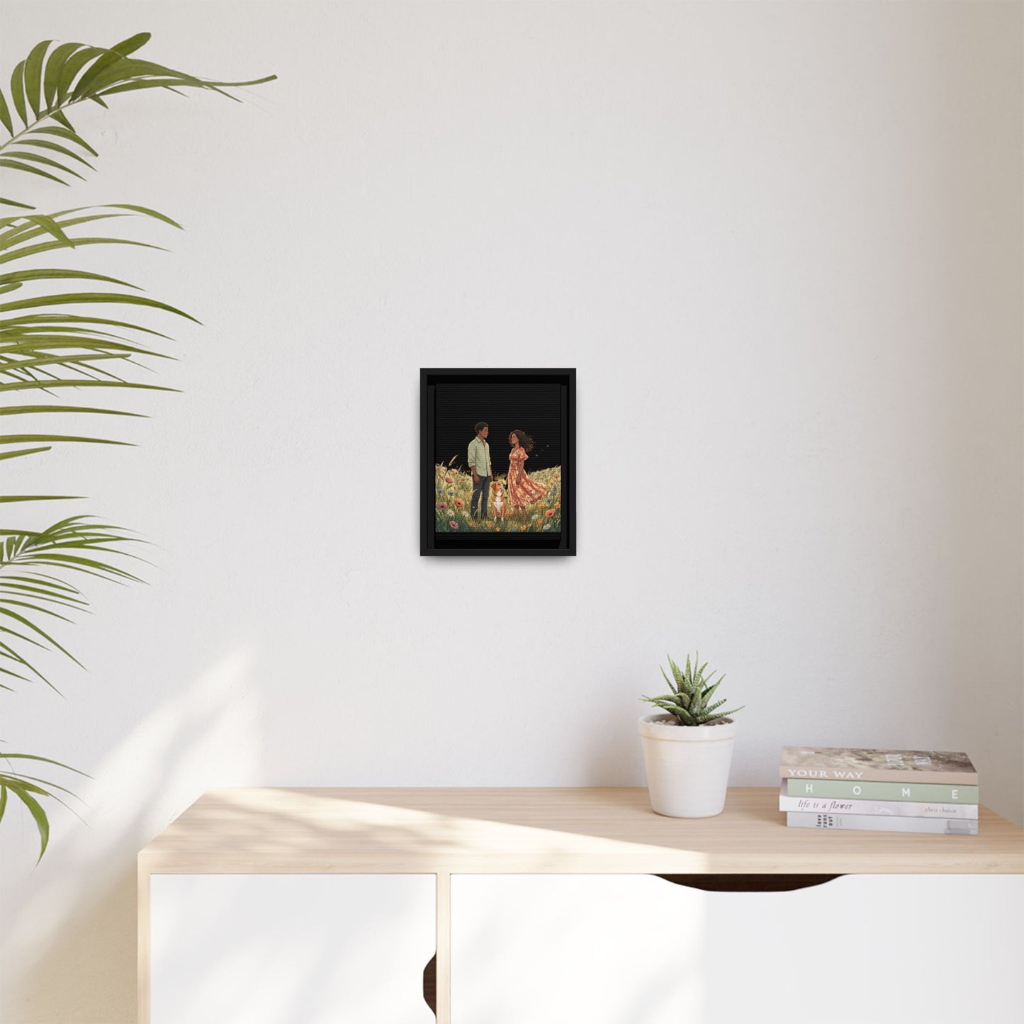Framed Matte Canvas Print — Romantic Couple in Wildflower Field (Multi‑Color)