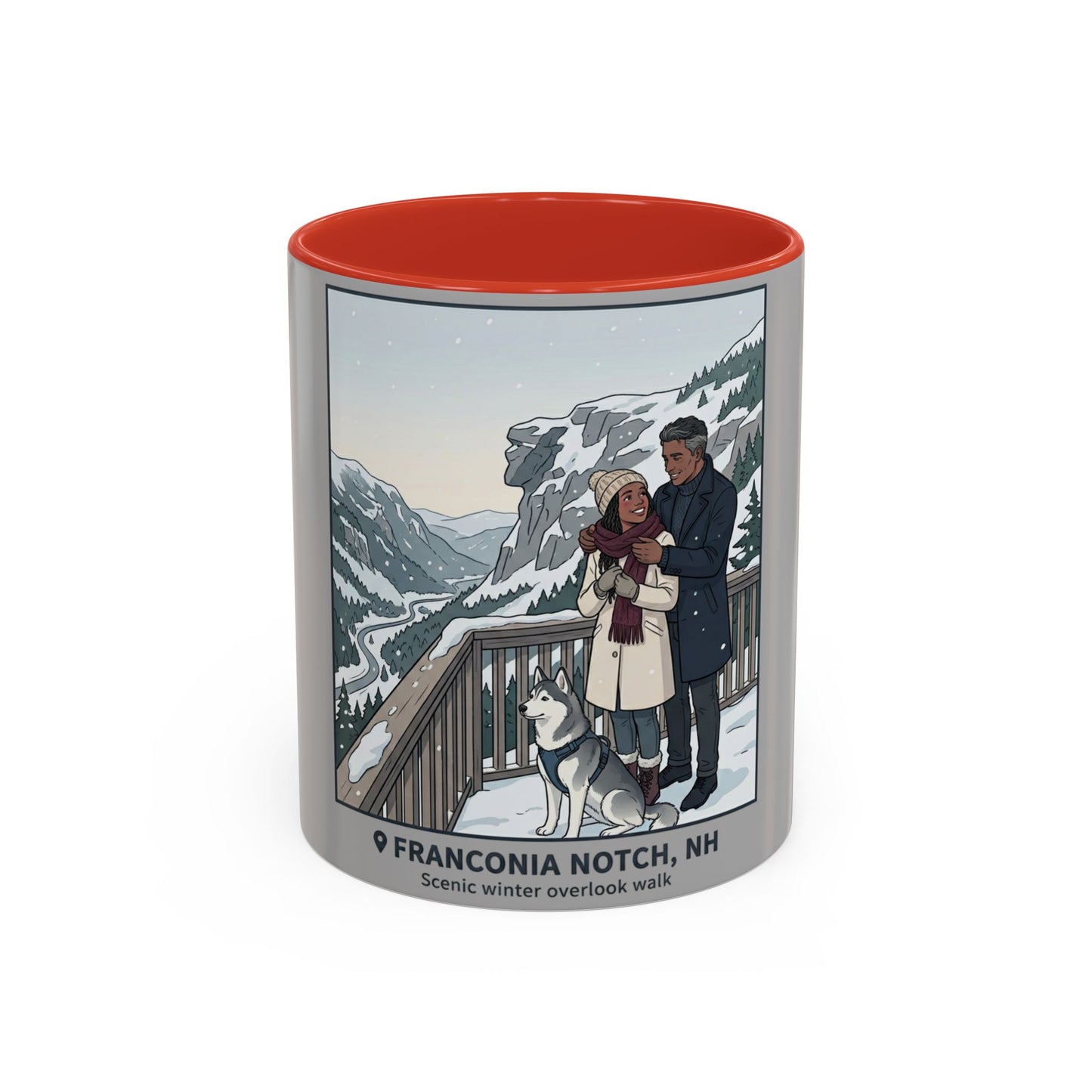 Franconia Notch Scenic Winter Mug — Couples & Dog Snowy Overlook Coffee Cup (11/15oz)