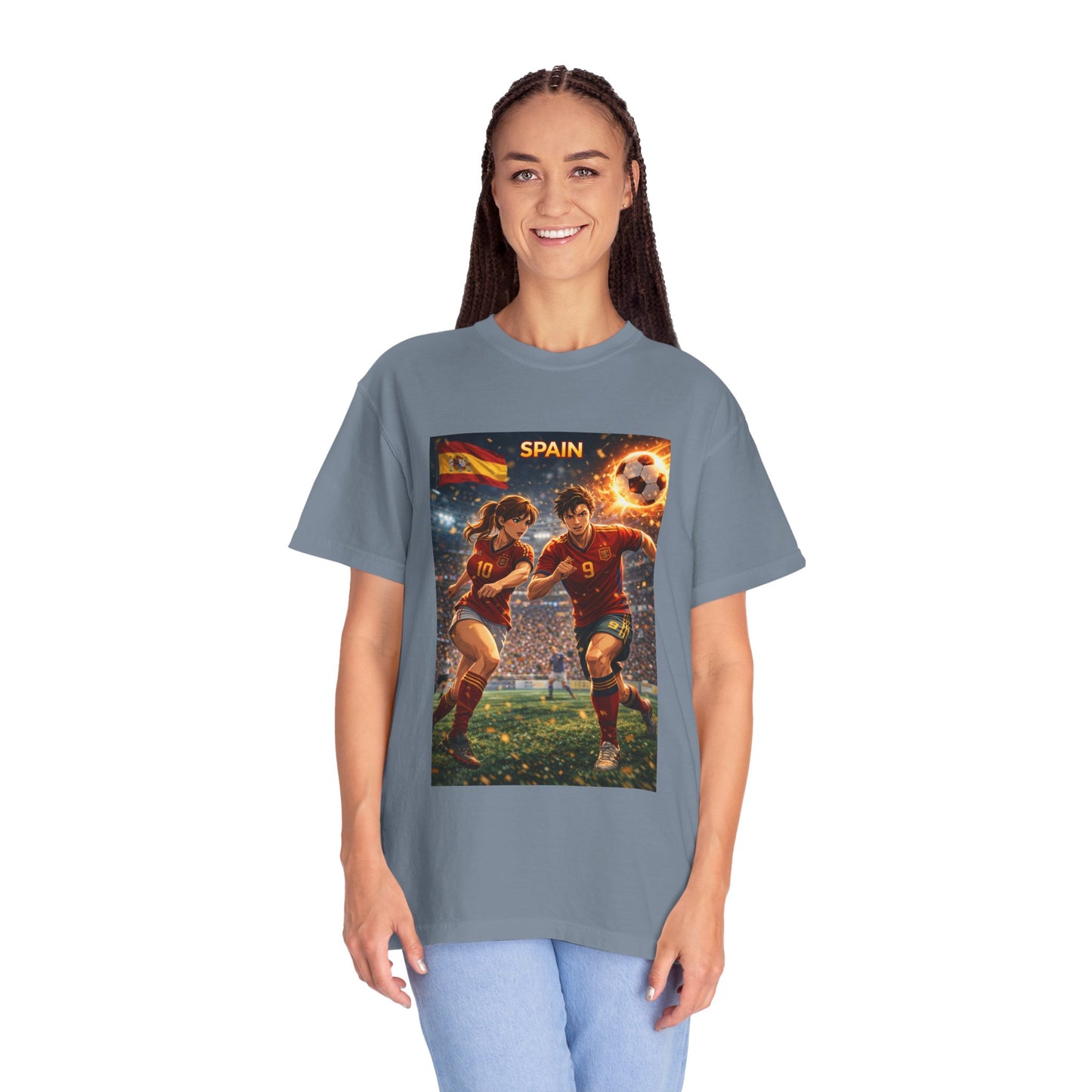 Spain Soccer Graphic T-Shirt — Retro Match Scene with Flag