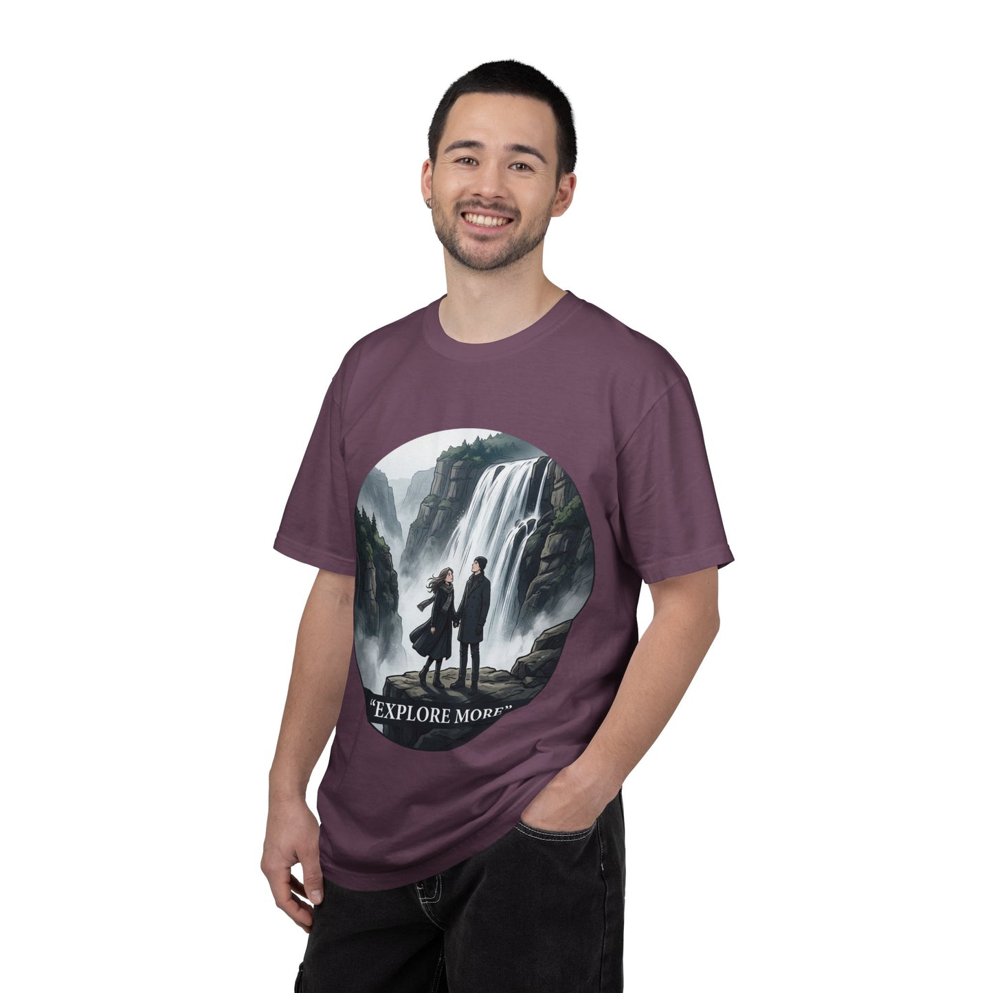 Explore More T-Shirt — Adventure Graphic Tee with Waterfall Scene