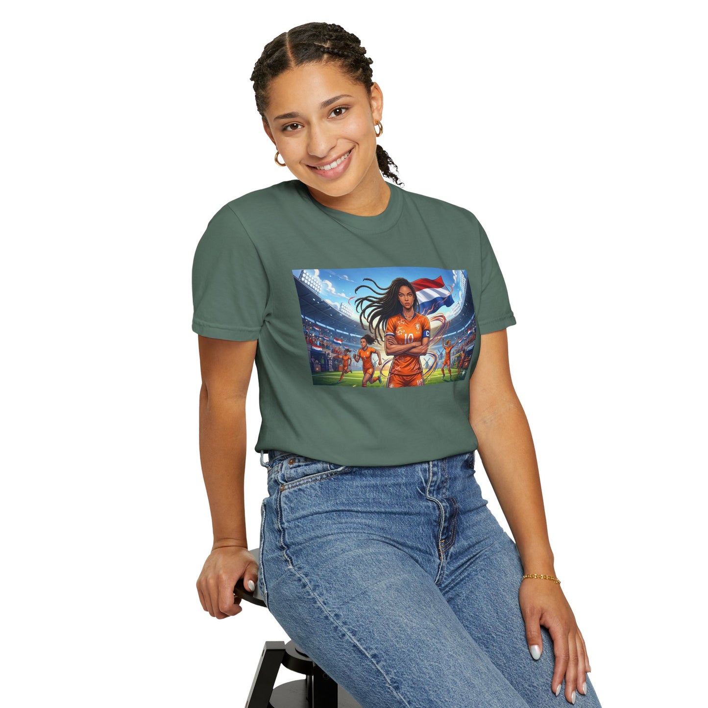 Soccer Warrior T-Shirt — Netherlands Female Captain with Flag Stadium Graphic
