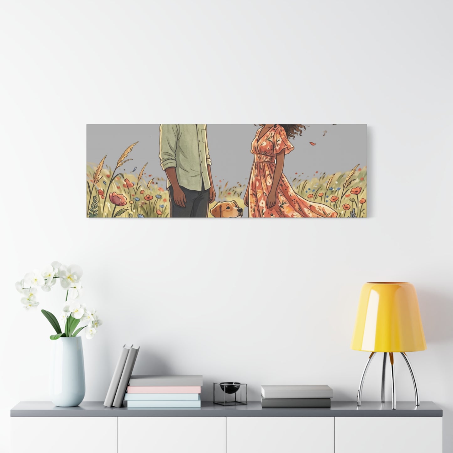 Romantic Couple in Wildflower Field Canvas Art — Black Love Wall Decor with Dog