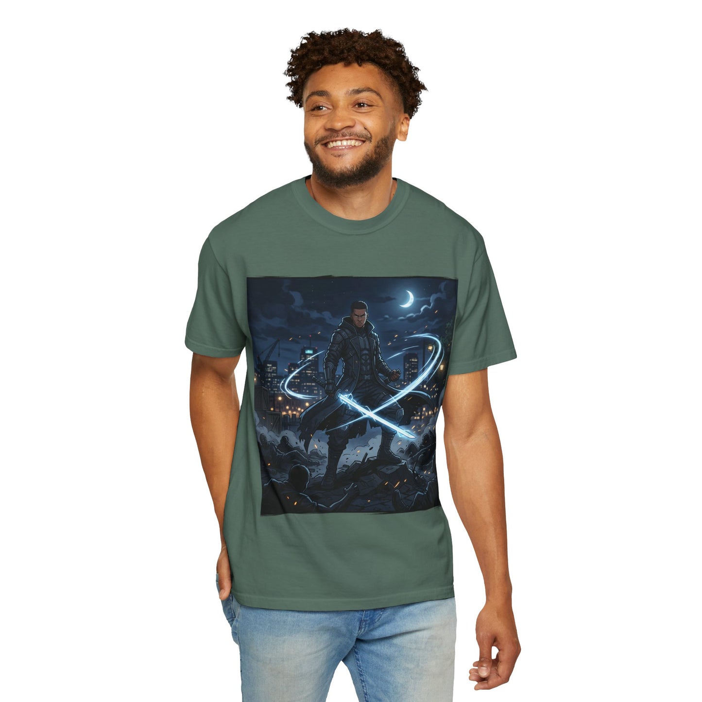 Urban Night Warrior T-Shirt — Neon Samurai Cityscape