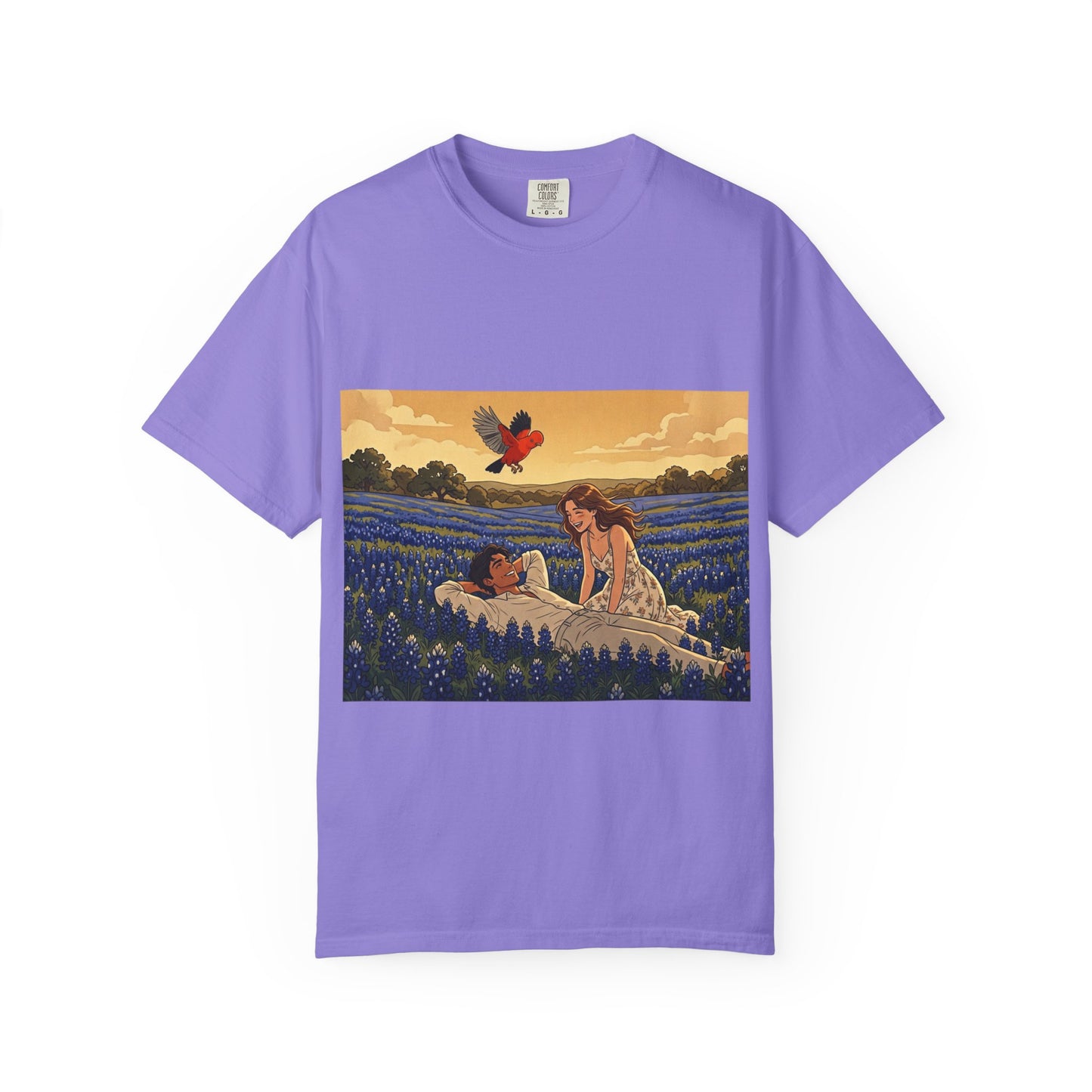 Romantic Bluebonnet Field T-Shirt — Couple in Wildflower Meadow Art Tee