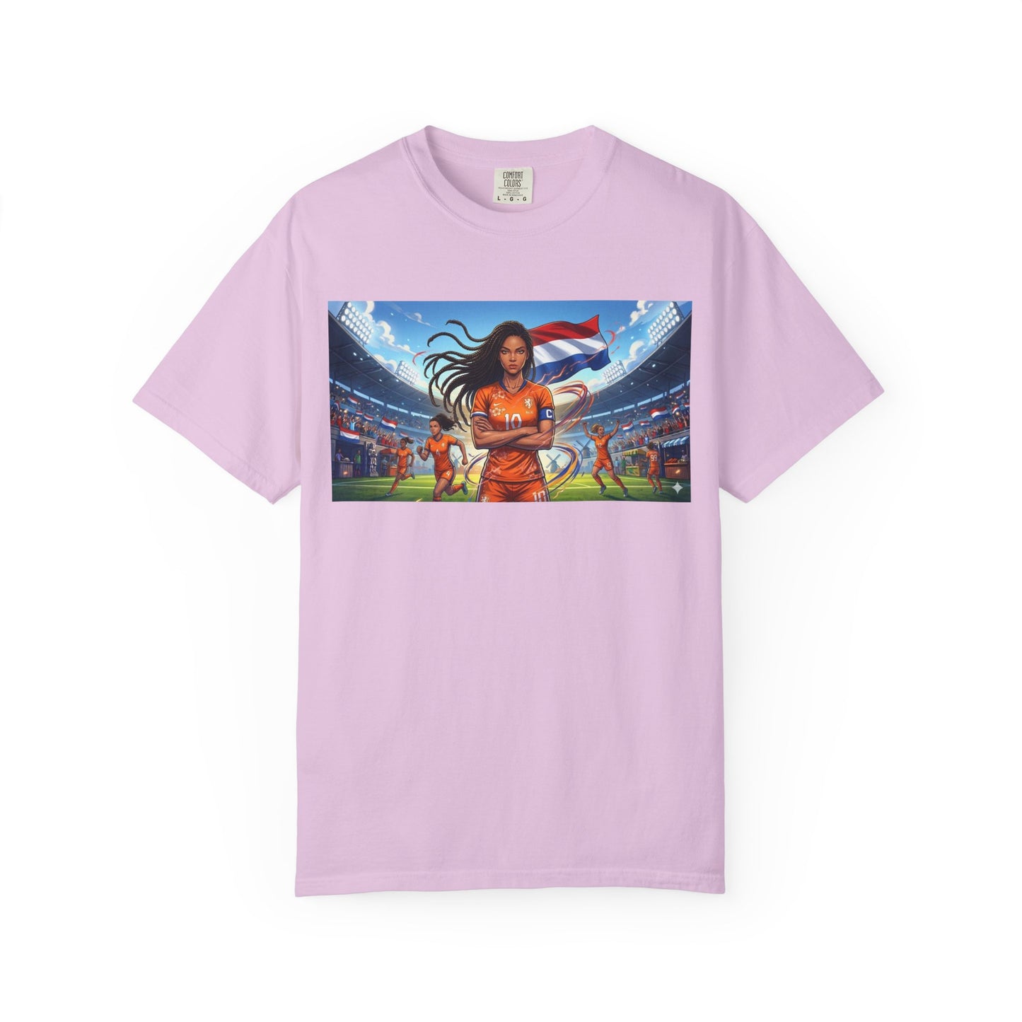 Soccer Warrior T-Shirt — Netherlands Female Captain with Flag Stadium Graphic