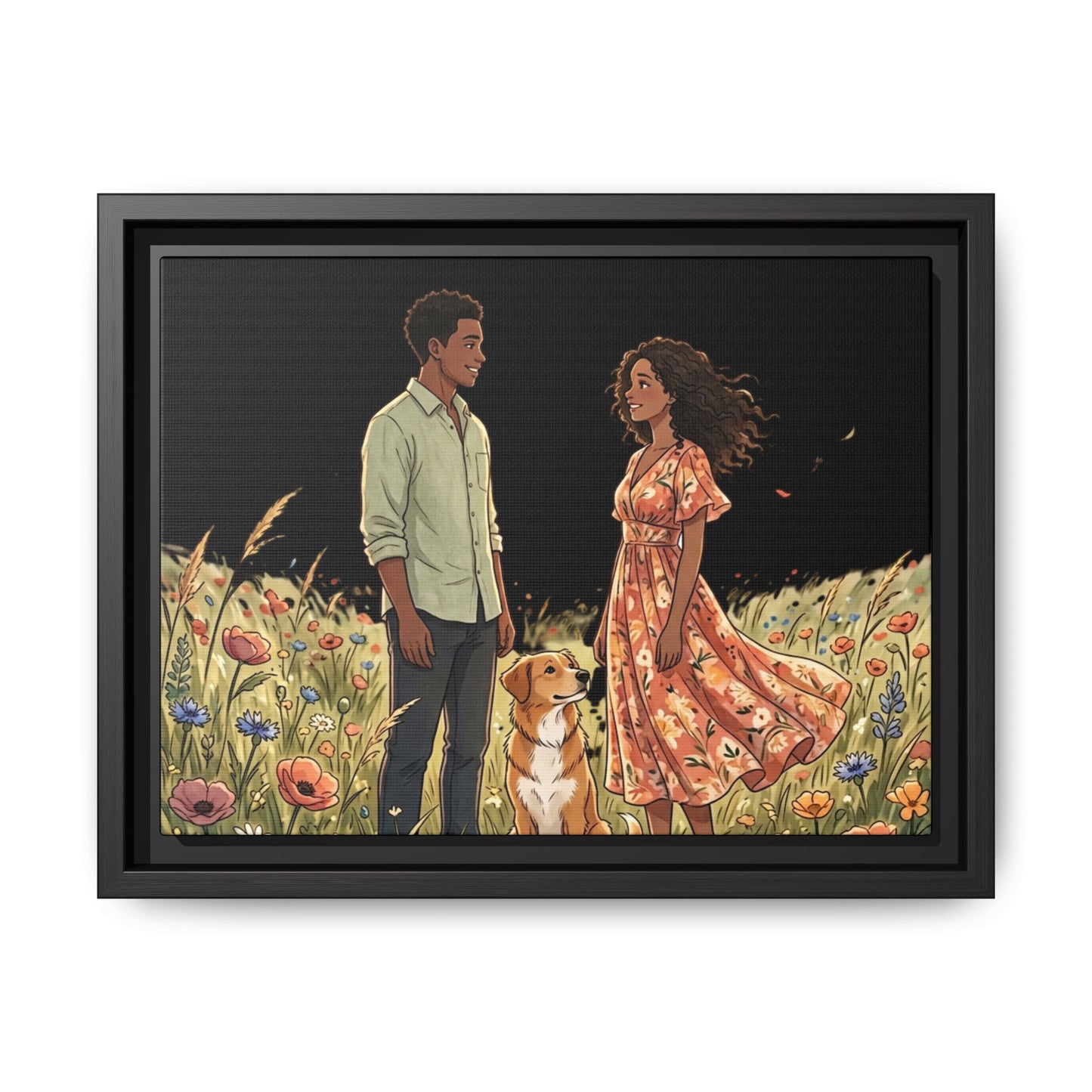 Framed Matte Canvas Print — Romantic Couple in Wildflower Field (Multi‑Color)