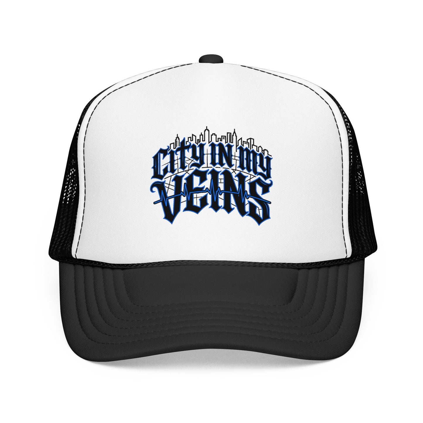 City In My Veins Foam Trucker Hat — Urban Gothic Blue Embroidered Cap