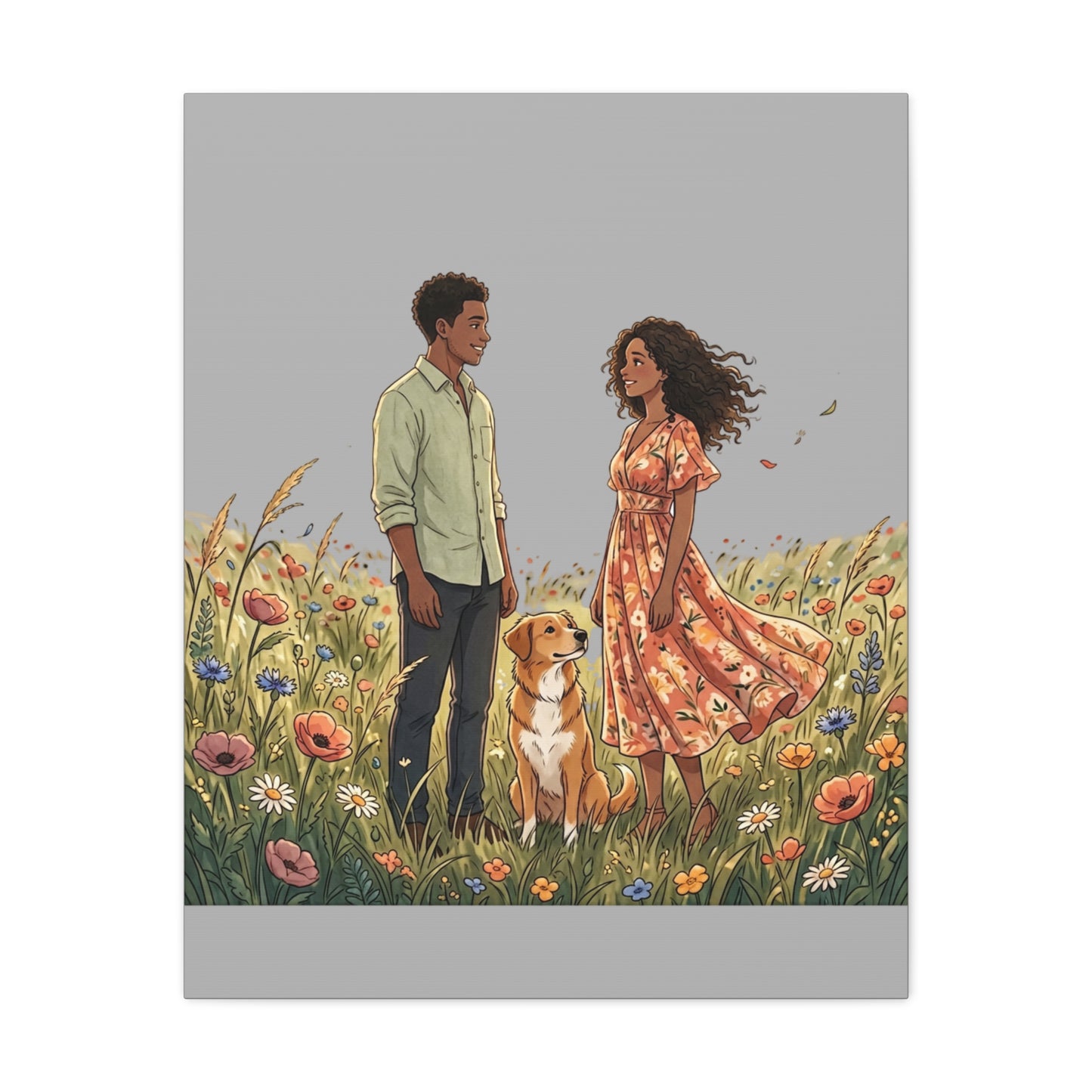 Romantic Couple in Wildflower Field Canvas Art — Black Love Wall Decor with Dog