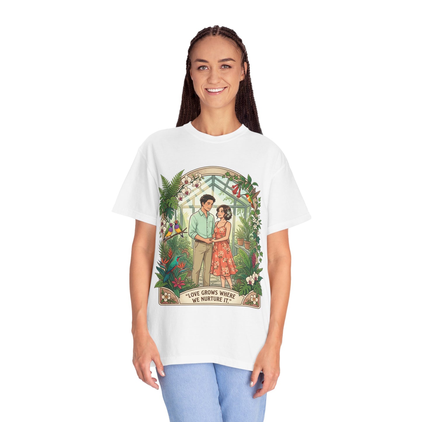 Romantic Greenhouse Couples T-Shirt — “Love Grows Where We Nurture It”