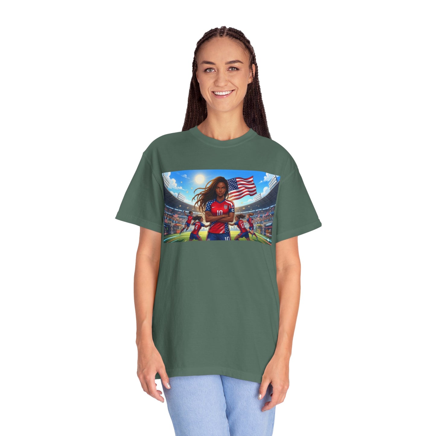 Soccer Mom USA T-Shirt — Female Soccer Player with American Flag Stadium Graphic