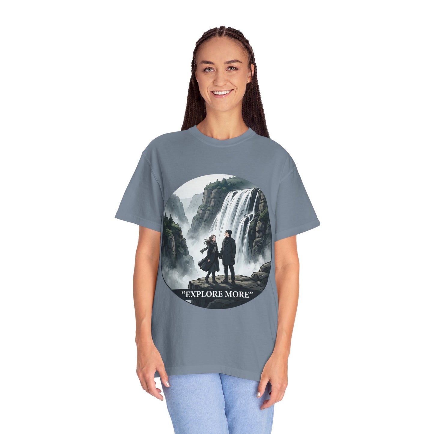 Explore More T-Shirt — Adventure Graphic Tee with Waterfall Scene