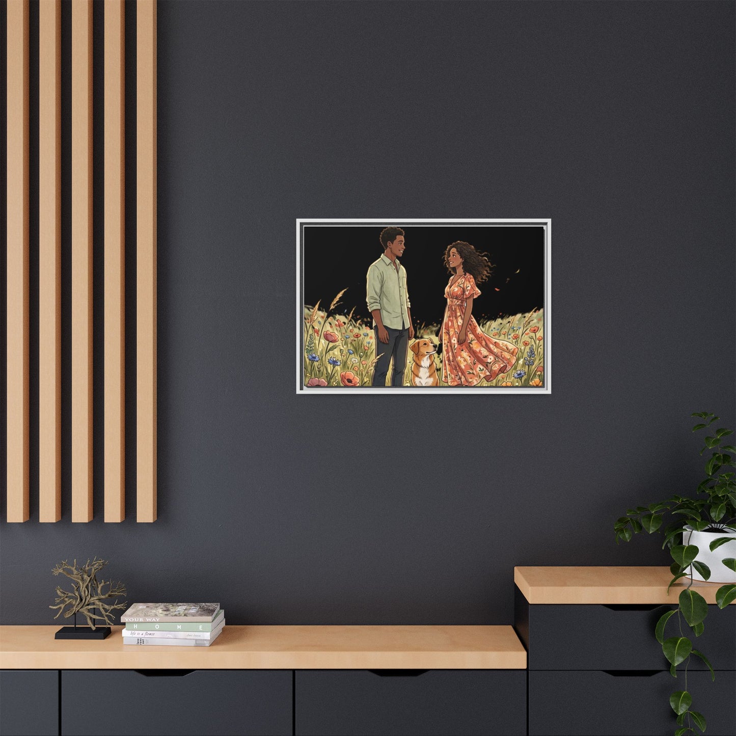 Framed Matte Canvas Print — Romantic Couple in Wildflower Field (Multi‑Color)