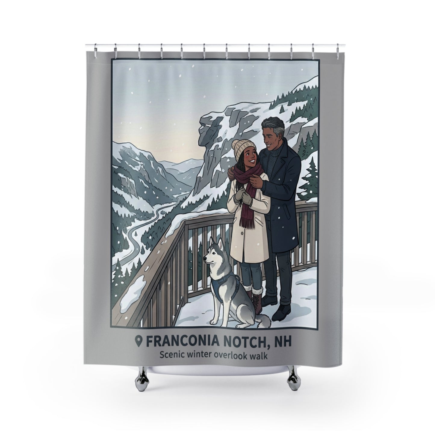 Franconia Notch Winter Shower Curtain — Scenic Snowy Overlook Bathroom Decor