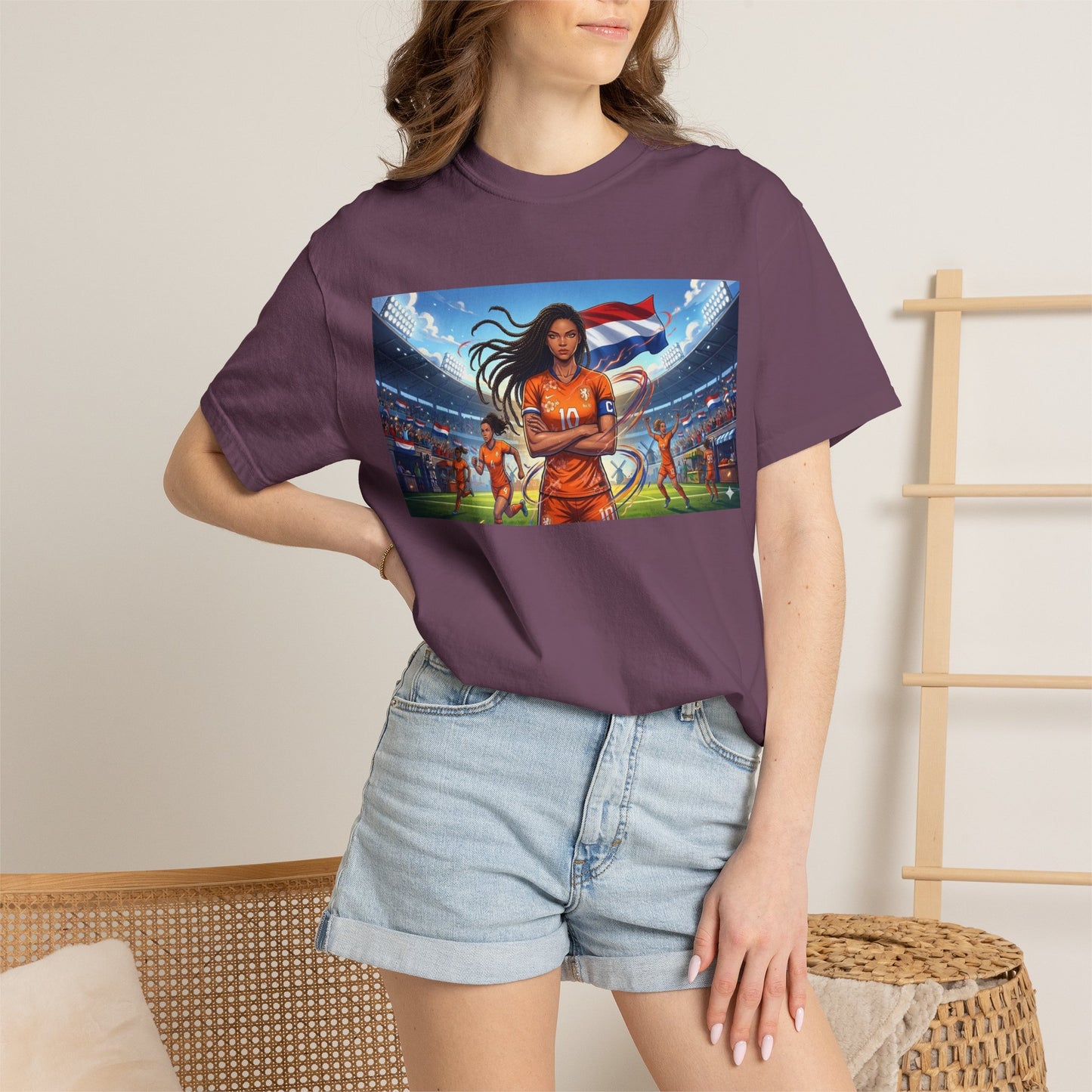 Soccer Warrior T-Shirt — Netherlands Female Captain with Flag Stadium Graphic