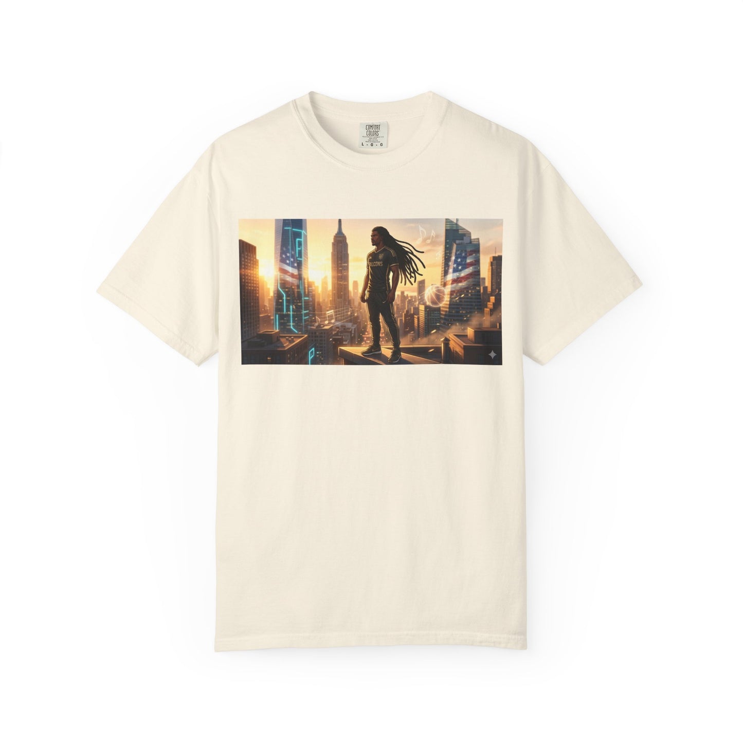 Cyberpunk Cityscape T-Shirt — Silhouette Hero at Sunset
