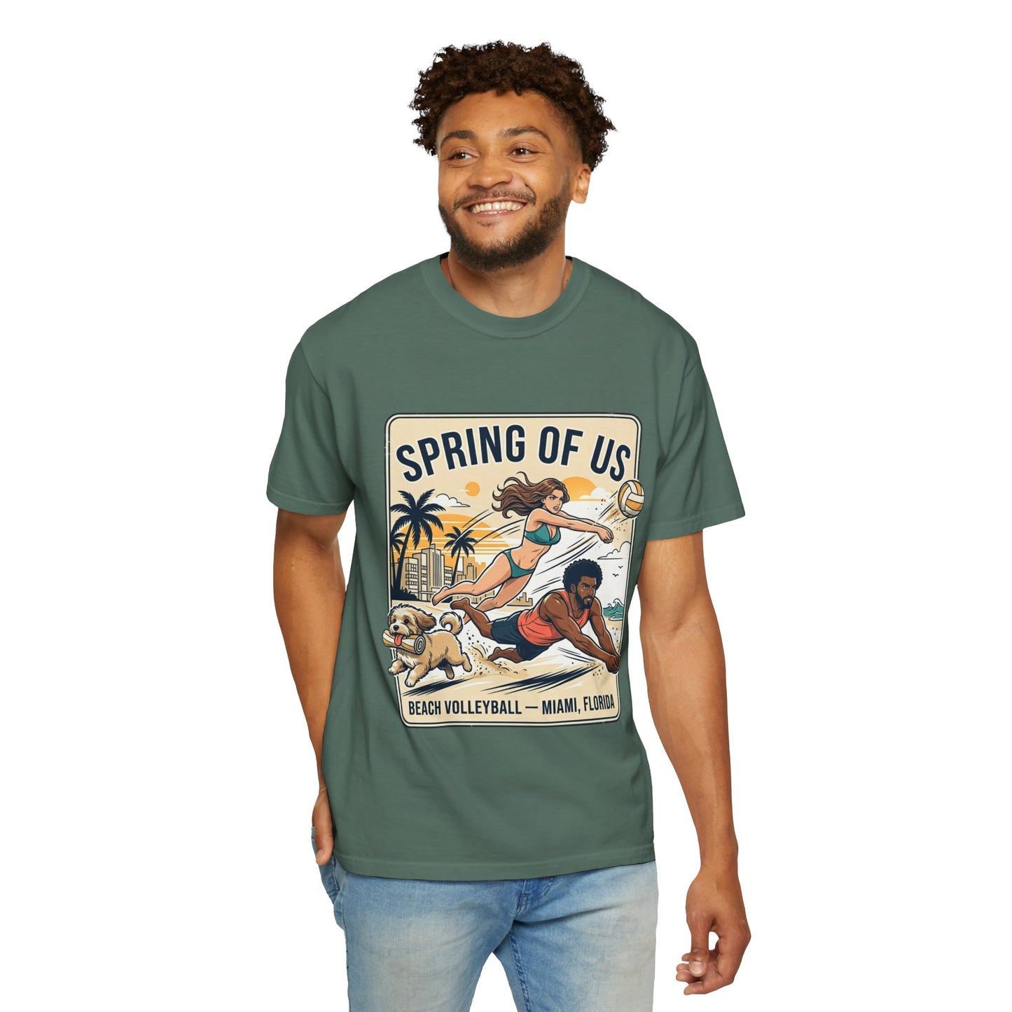 Spring of Us Beach Volleyball T-Shirt — Miami, Florida Retro Sun & Palm Tee