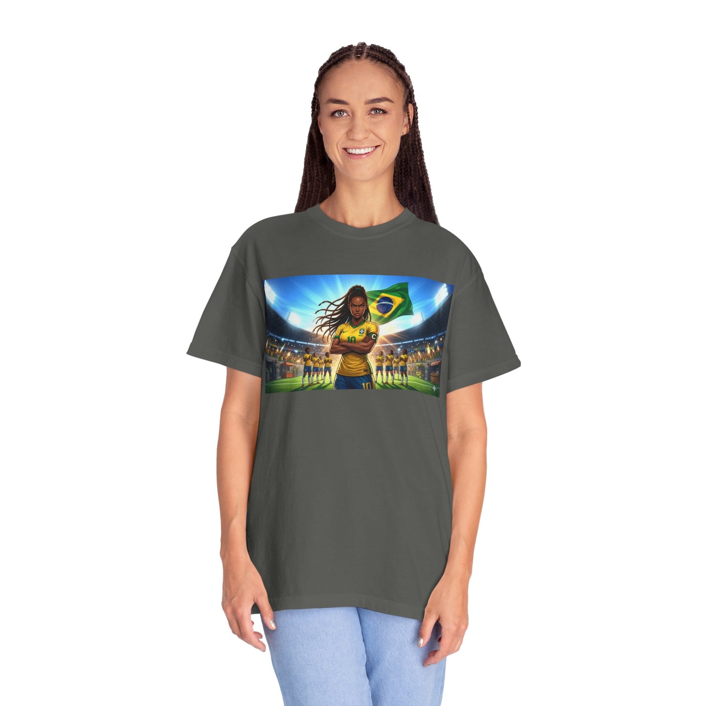 Brazil Soccer Captain T-Shirt — Player Holding Ball with Brazilian Flag Stadium Graphic