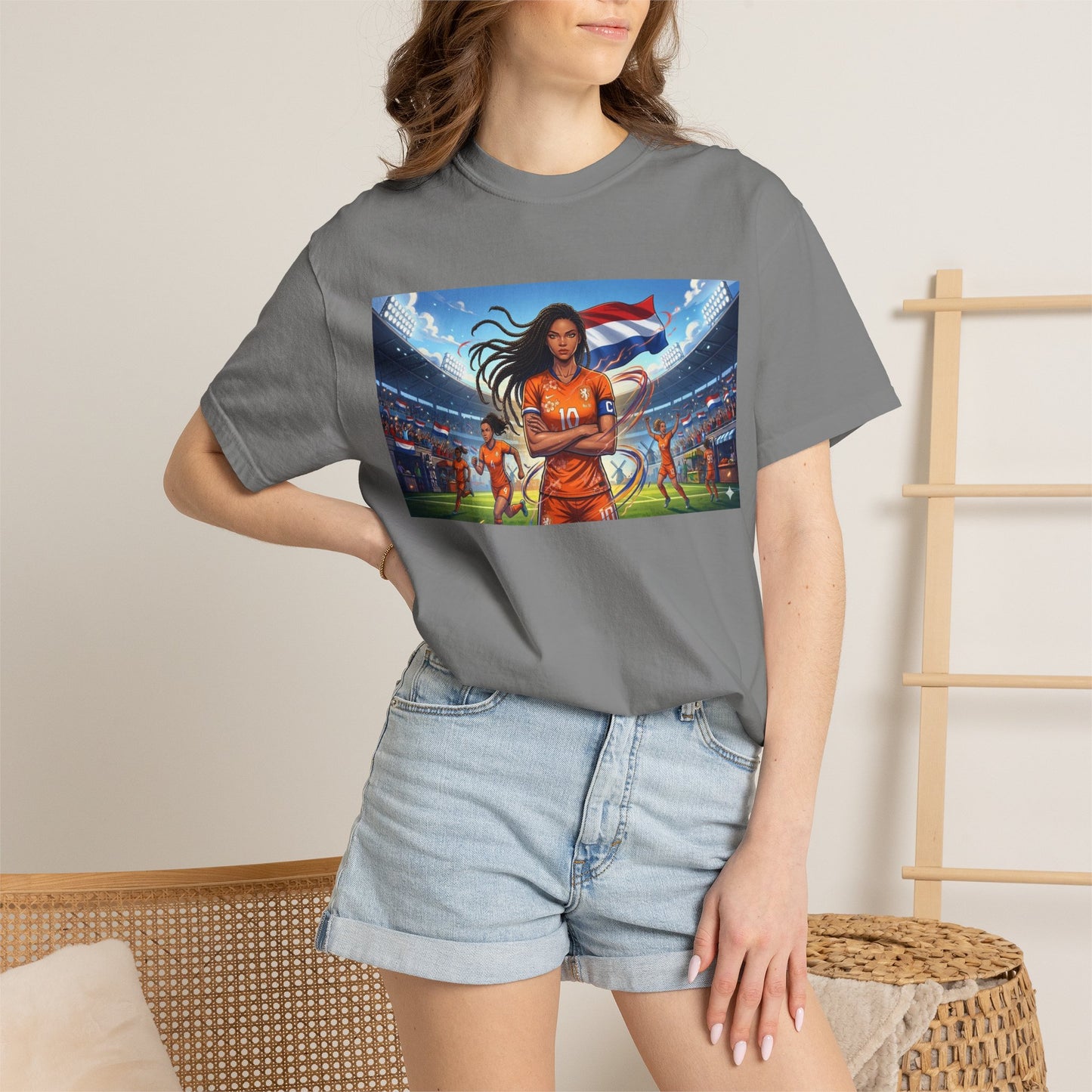 Soccer Warrior T-Shirt — Netherlands Female Captain with Flag Stadium Graphic