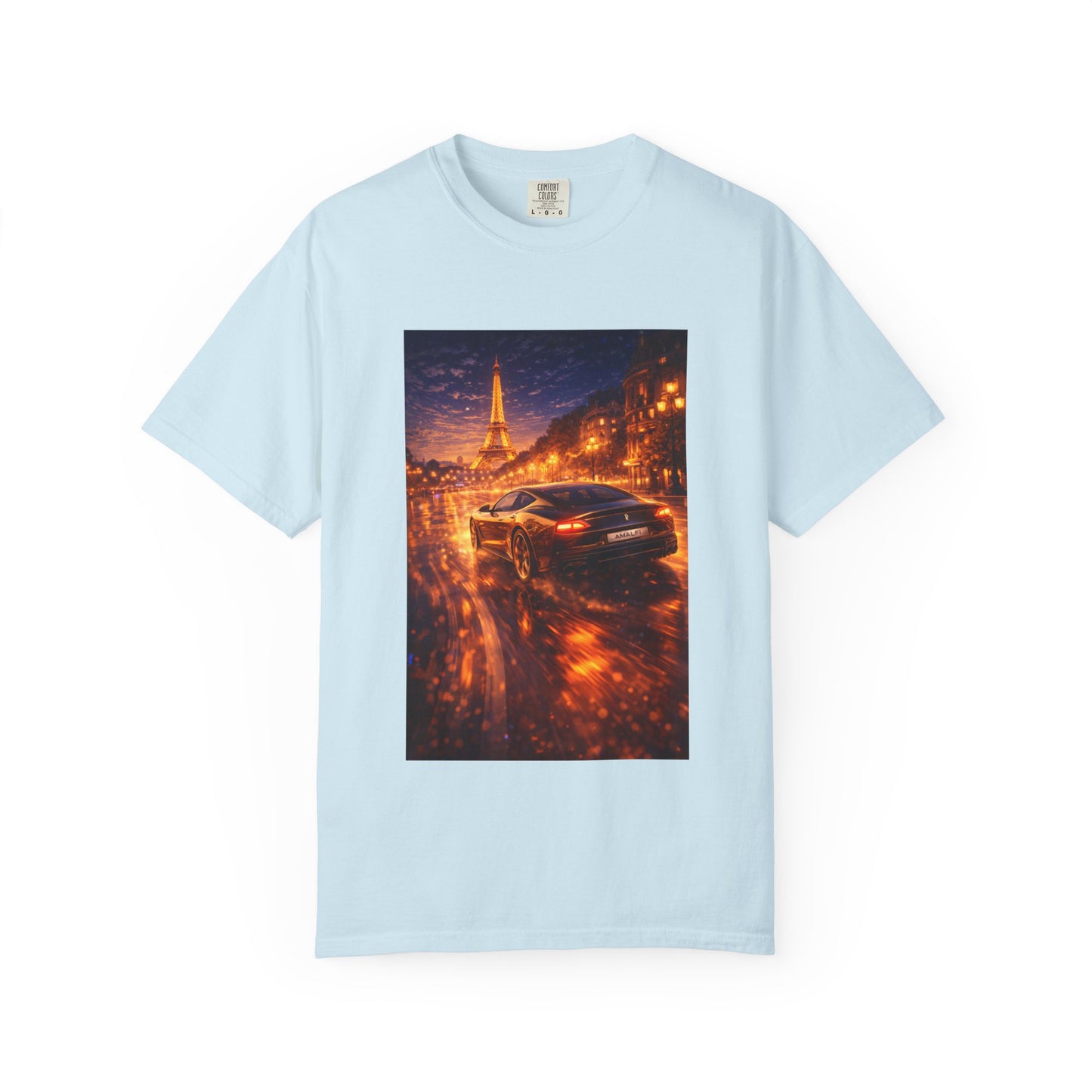 Paris Night Drive T-Shirt — Sports Car in Rainy Cityscape