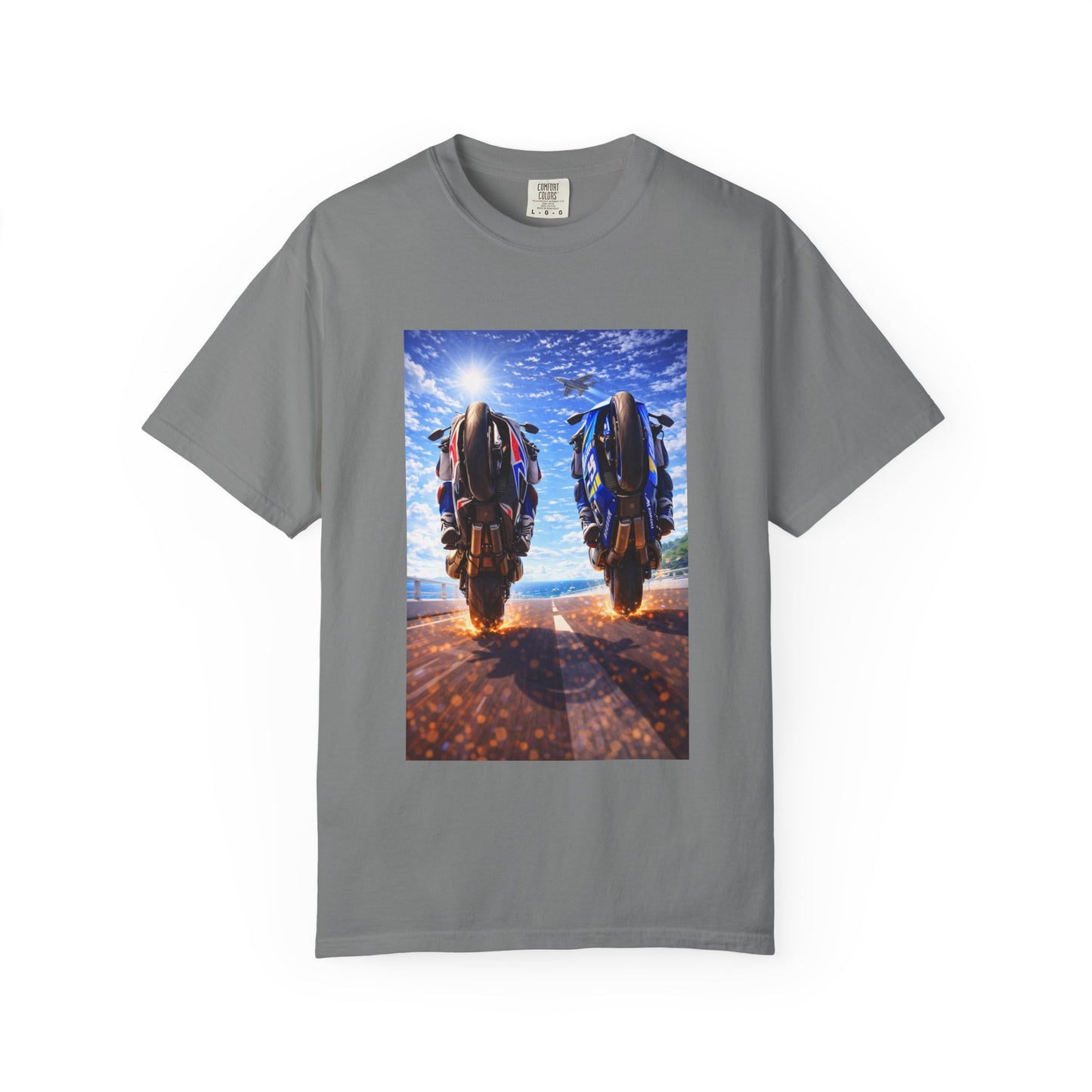 Motorcycle Sunset T-Shirt — Two Bikes Riding Into the Horizon