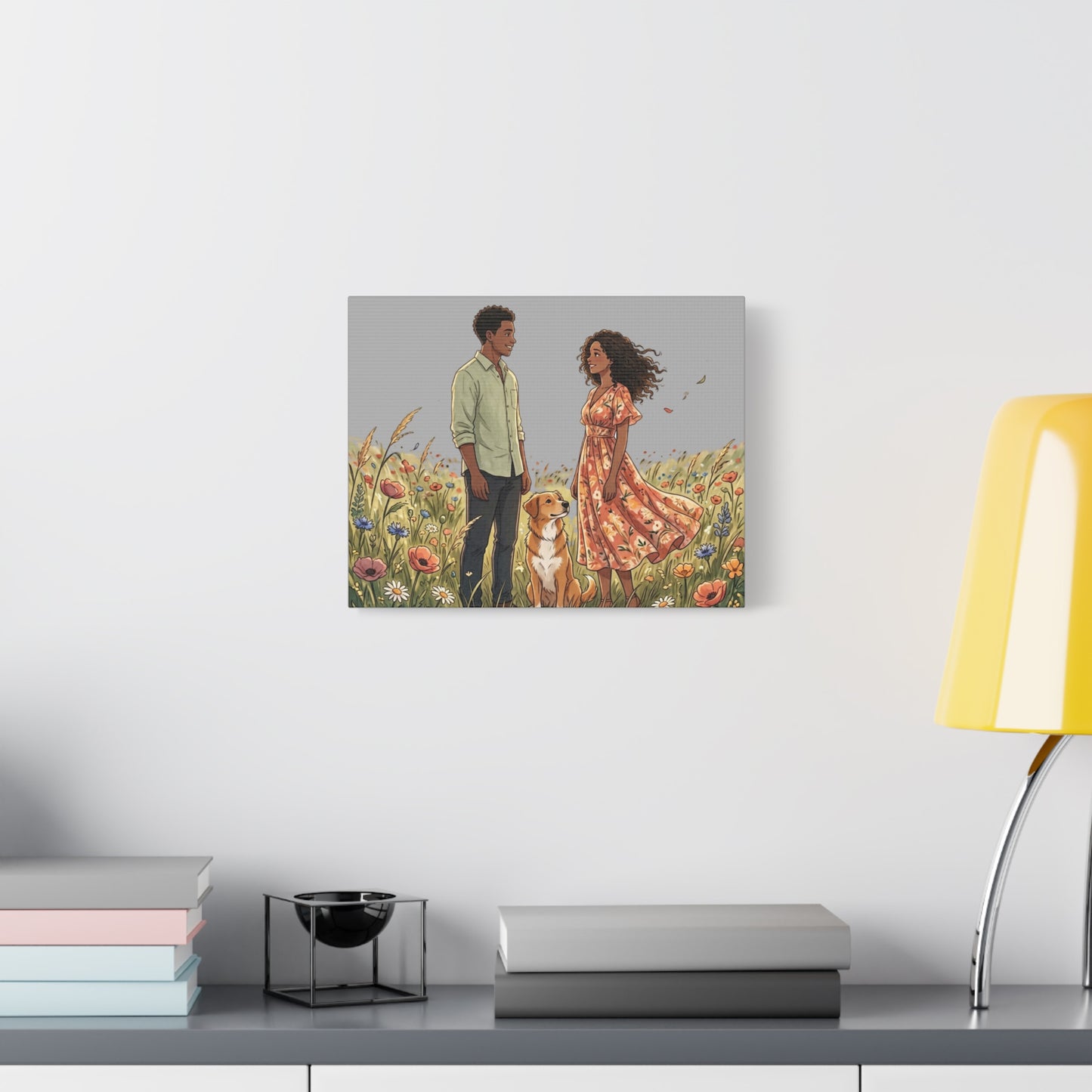 Romantic Couple in Wildflower Field Canvas Art — Black Love Wall Decor with Dog