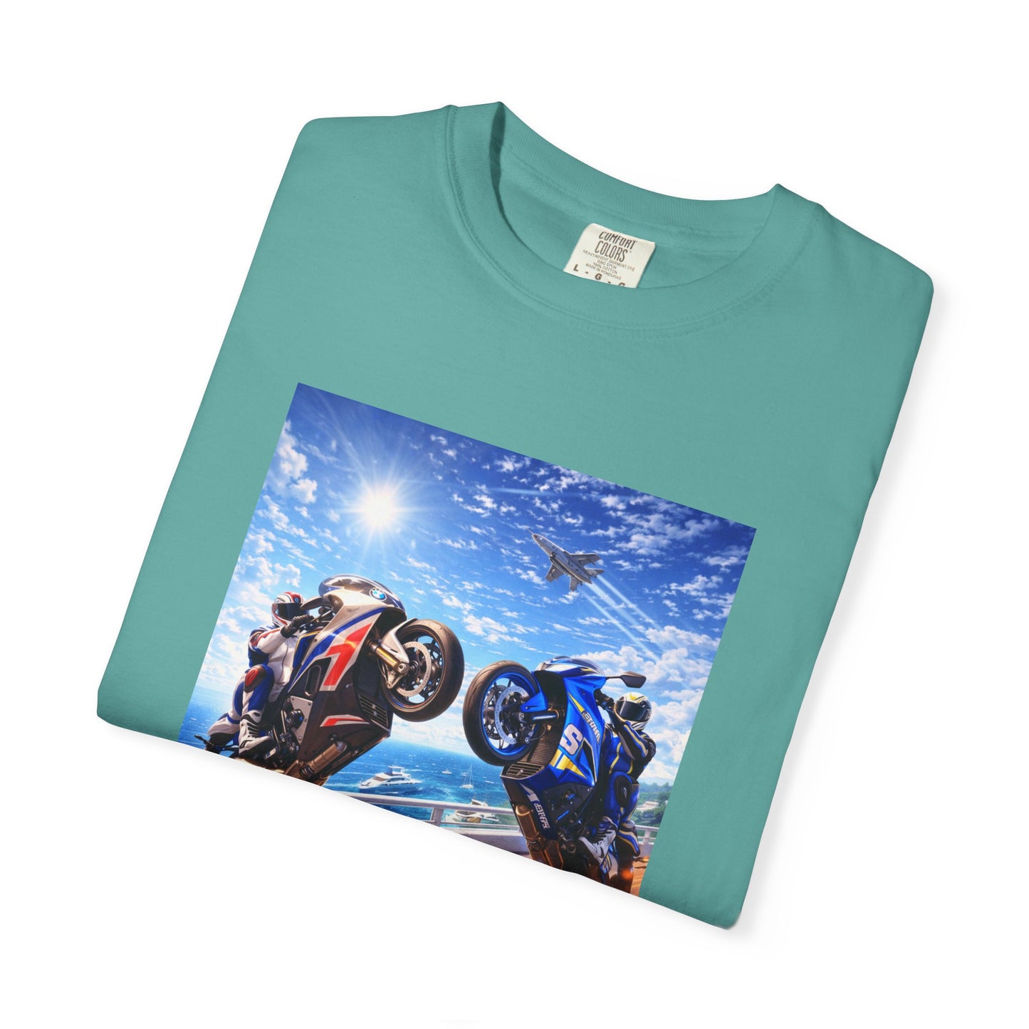 Stunt Riders Motorcycle T-Shirt — Two Bike Wheelie Racing Graphic Tee
