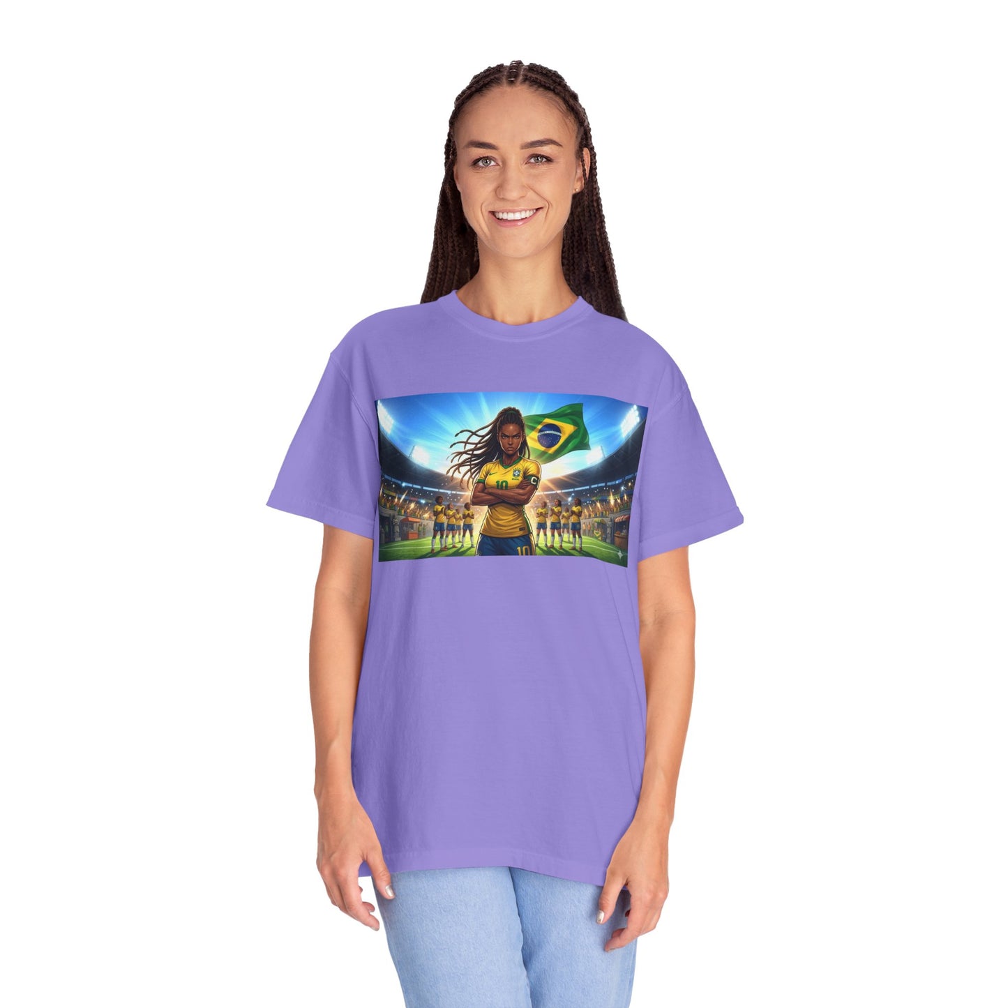 Brazil Soccer Captain T-Shirt — Player Holding Ball with Brazilian Flag Stadium Graphic