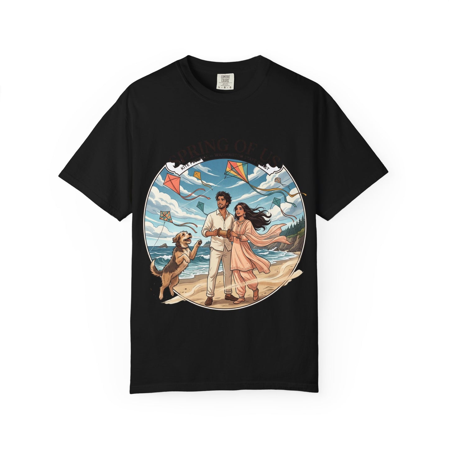 Spring of Us T-Shirt — Romantic Beach Couple Illustration with Dog