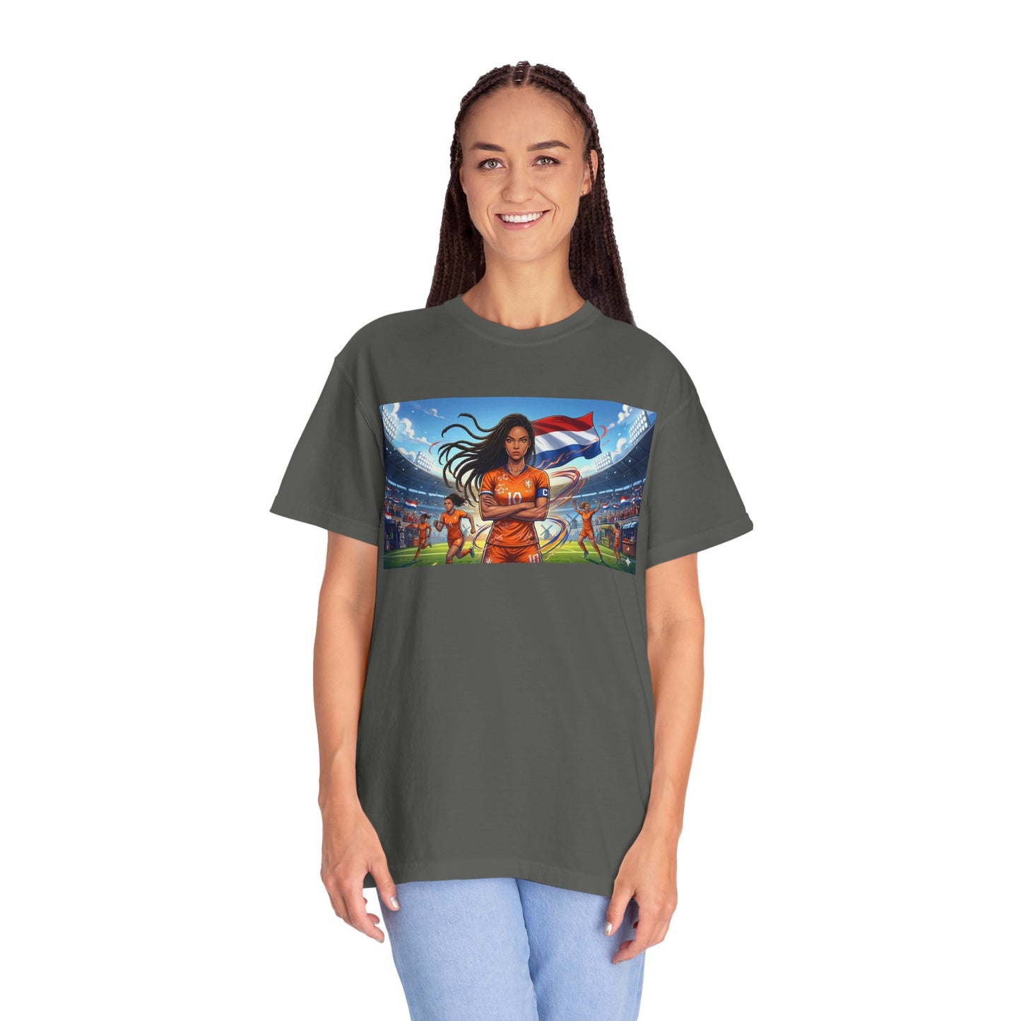 Soccer Warrior T-Shirt — Netherlands Female Captain with Flag Stadium Graphic