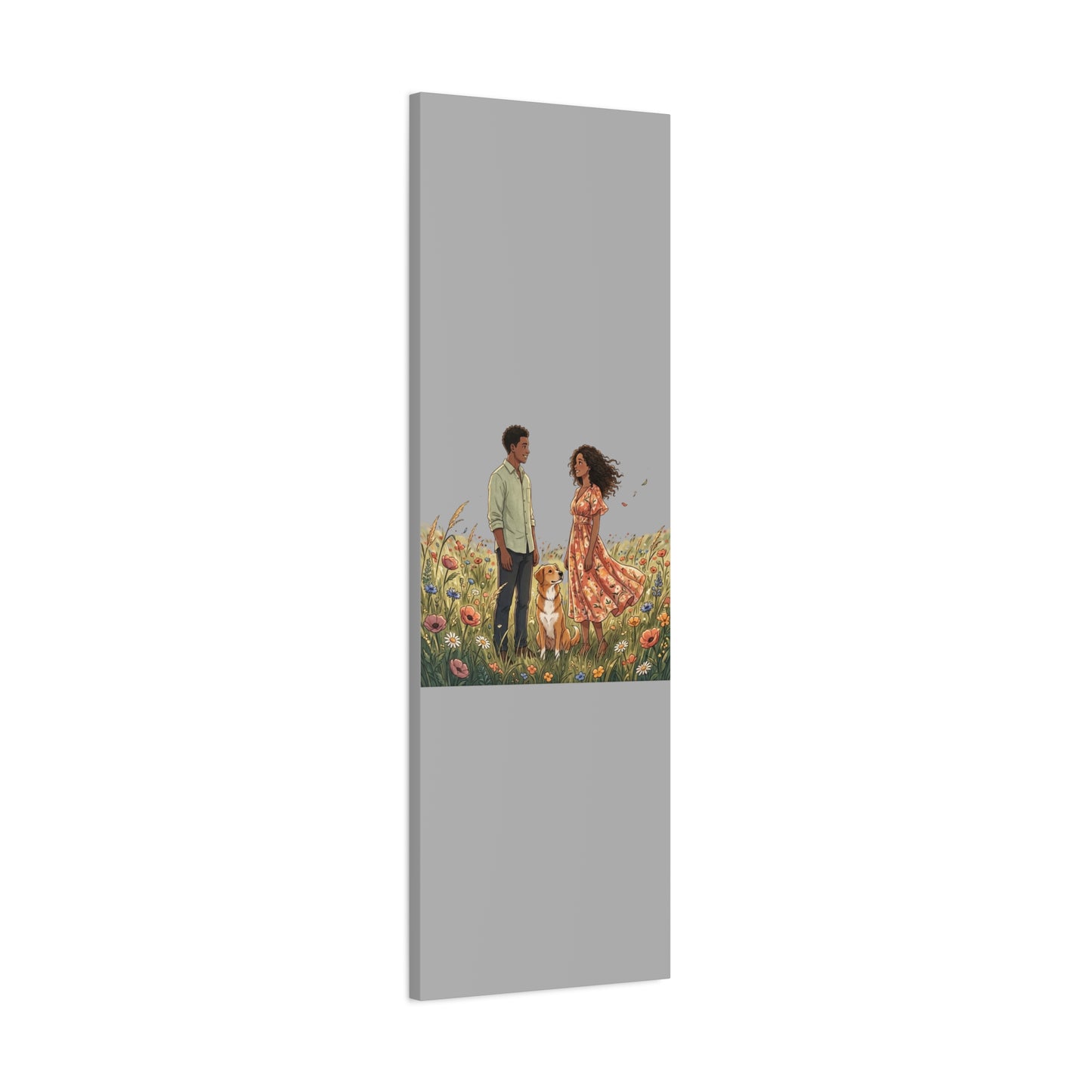 Romantic Couple in Wildflower Field Canvas Art — Black Love Wall Decor with Dog