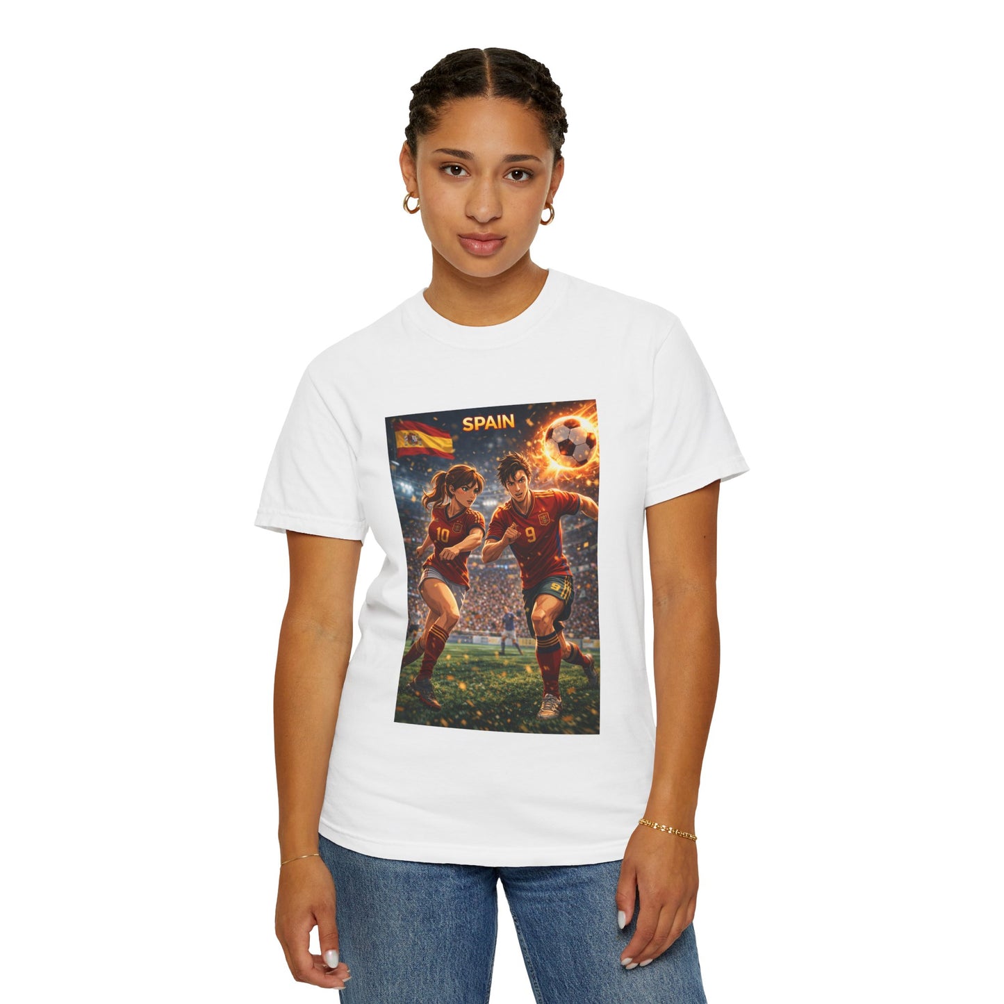 Spain Soccer Graphic T-Shirt — Retro Match Scene with Flag