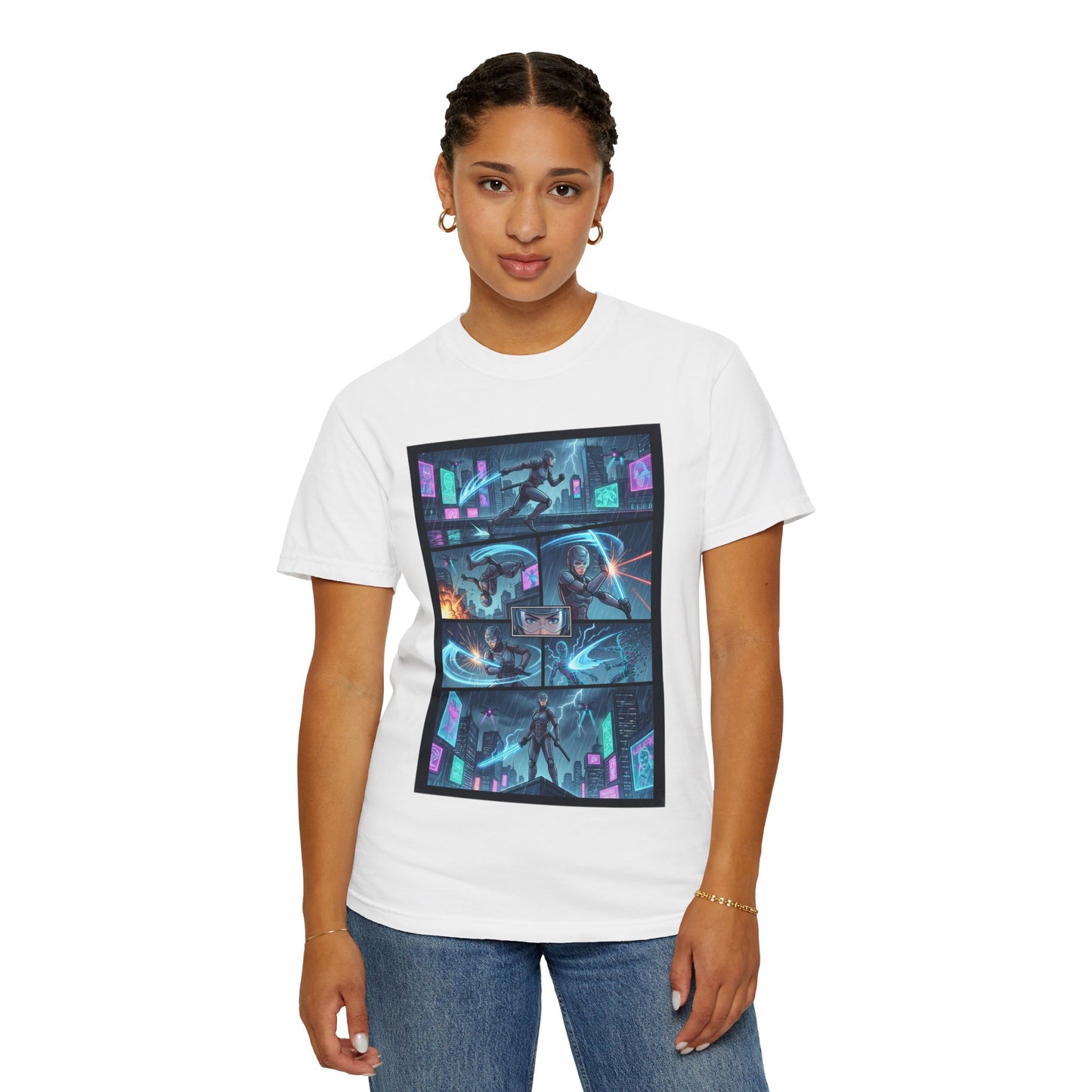 Cyberpunk Girl Samurai T-Shirt — Neon Manga Panel Graphic Tee