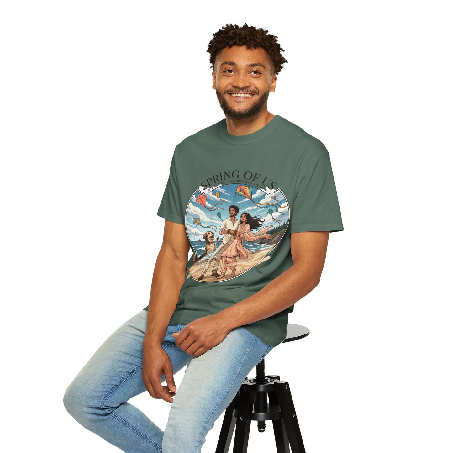 Spring of Us T-Shirt — Romantic Beach Couple Illustration with Dog