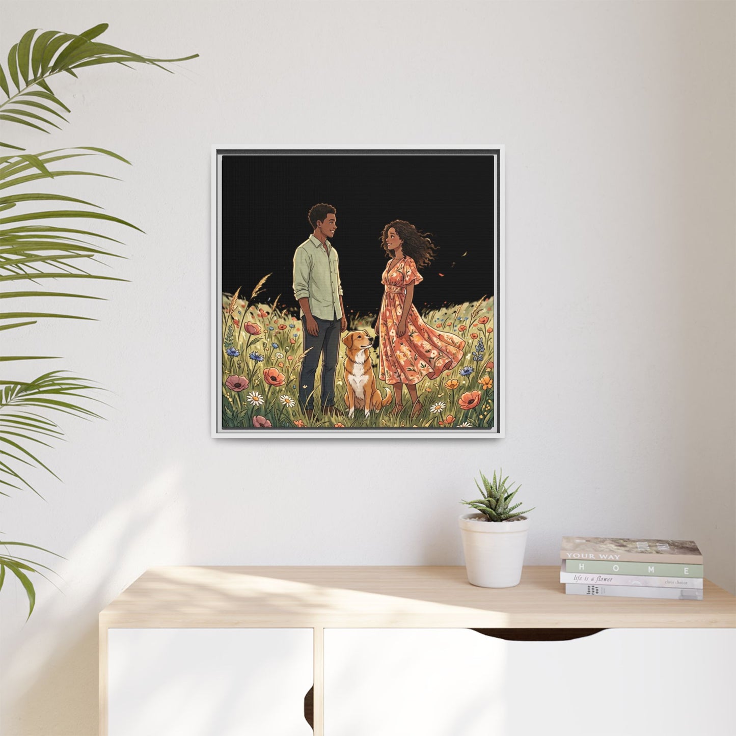 Framed Matte Canvas Print — Romantic Couple in Wildflower Field (Multi‑Color)
