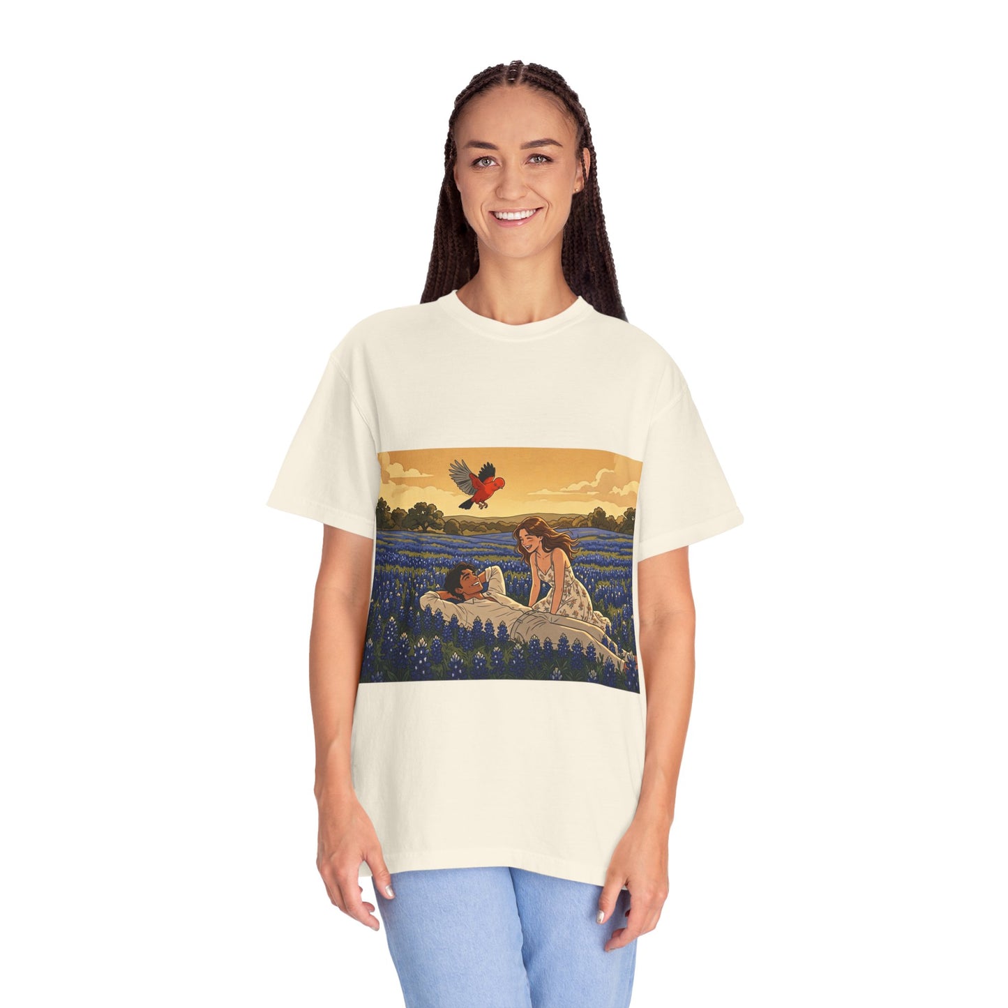 Romantic Bluebonnet Field T-Shirt — Couple in Wildflower Meadow Art Tee