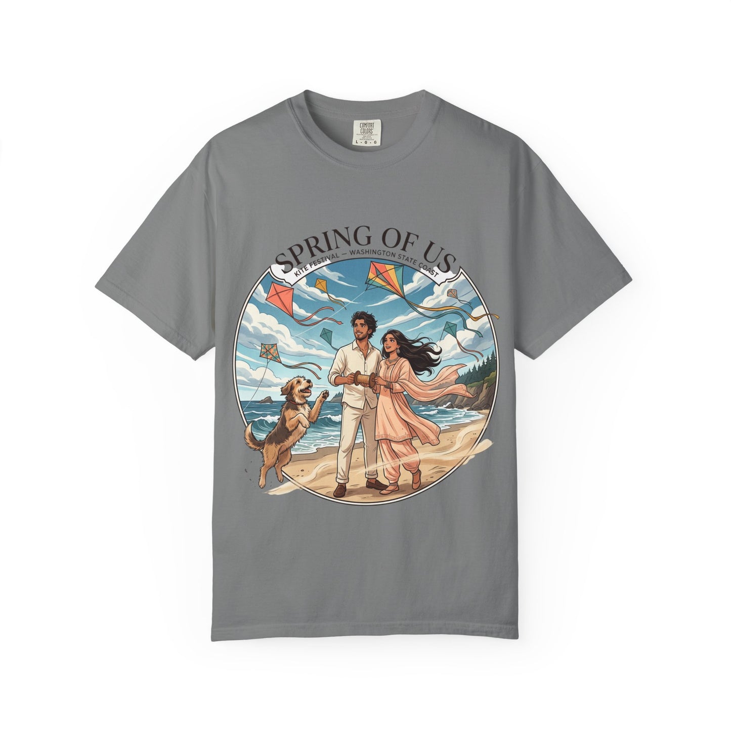 Spring of Us T-Shirt — Romantic Beach Couple Illustration with Dog