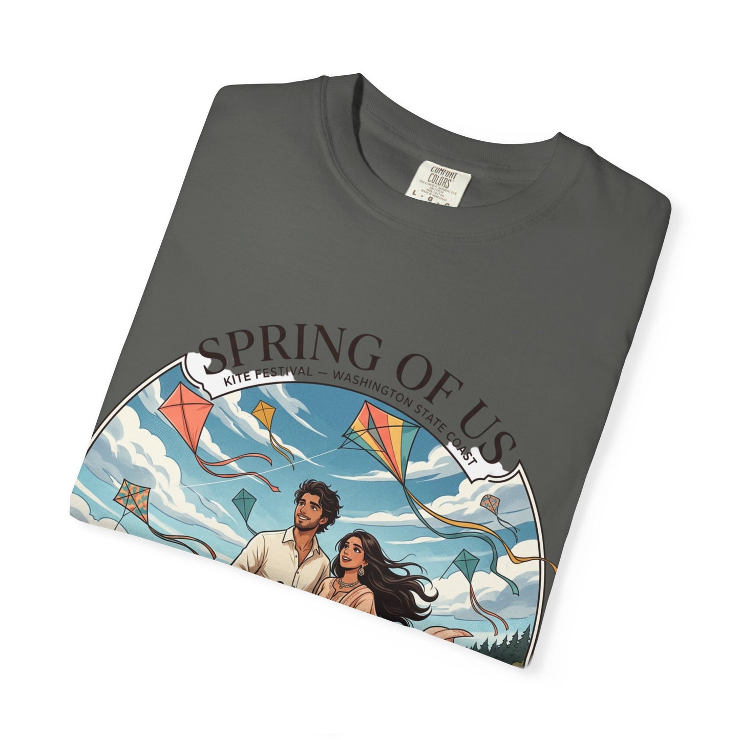 Spring of Us T-Shirt — Romantic Beach Couple Illustration with Dog