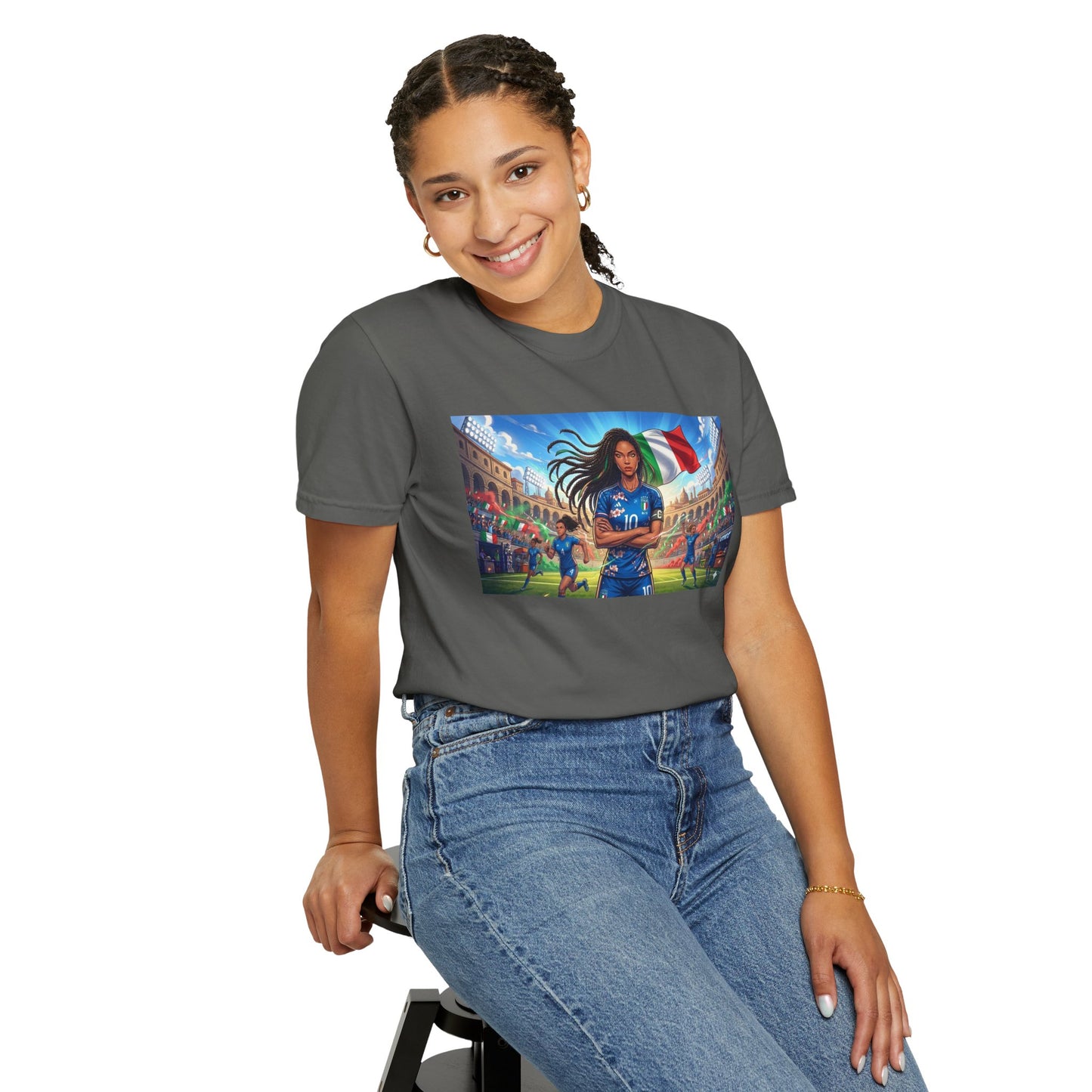 Italian Soccer Fan T‑Shirt – Inspirational Female Player with Italy Flag Stadium Print