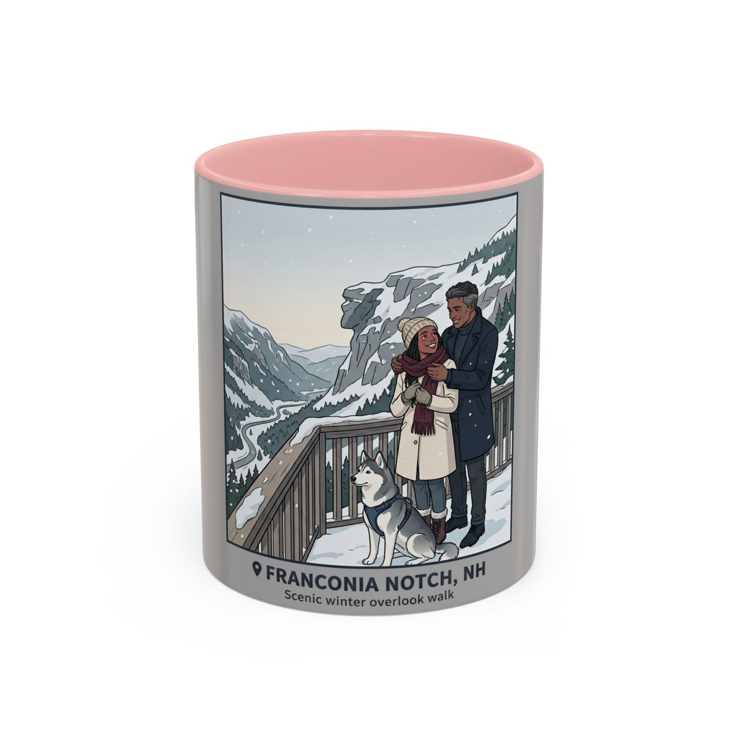 Franconia Notch Scenic Winter Mug — Couples & Dog Snowy Overlook Coffee Cup (11/15oz)