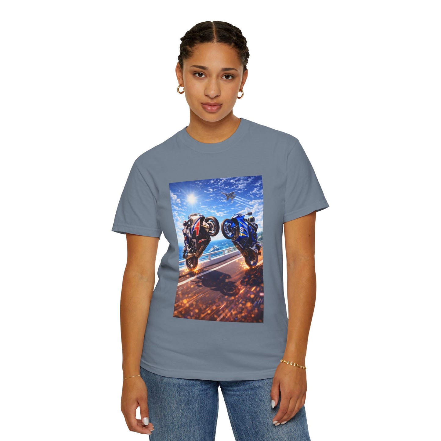 Stunt Riders Motorcycle T-Shirt — Two Bike Wheelie Racing Graphic Tee