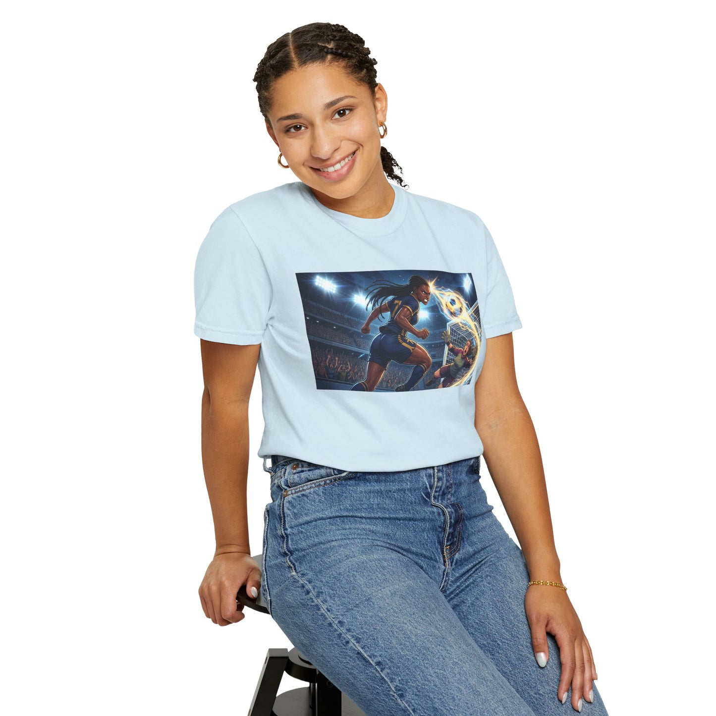 Soccer Duel Graphic T-Shirt — Futuristic Goalkeeper vs Striker Stadium Print