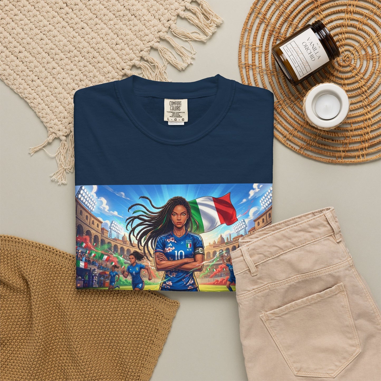 Italian Soccer Fan T‑Shirt – Inspirational Female Player with Italy Flag Stadium Print