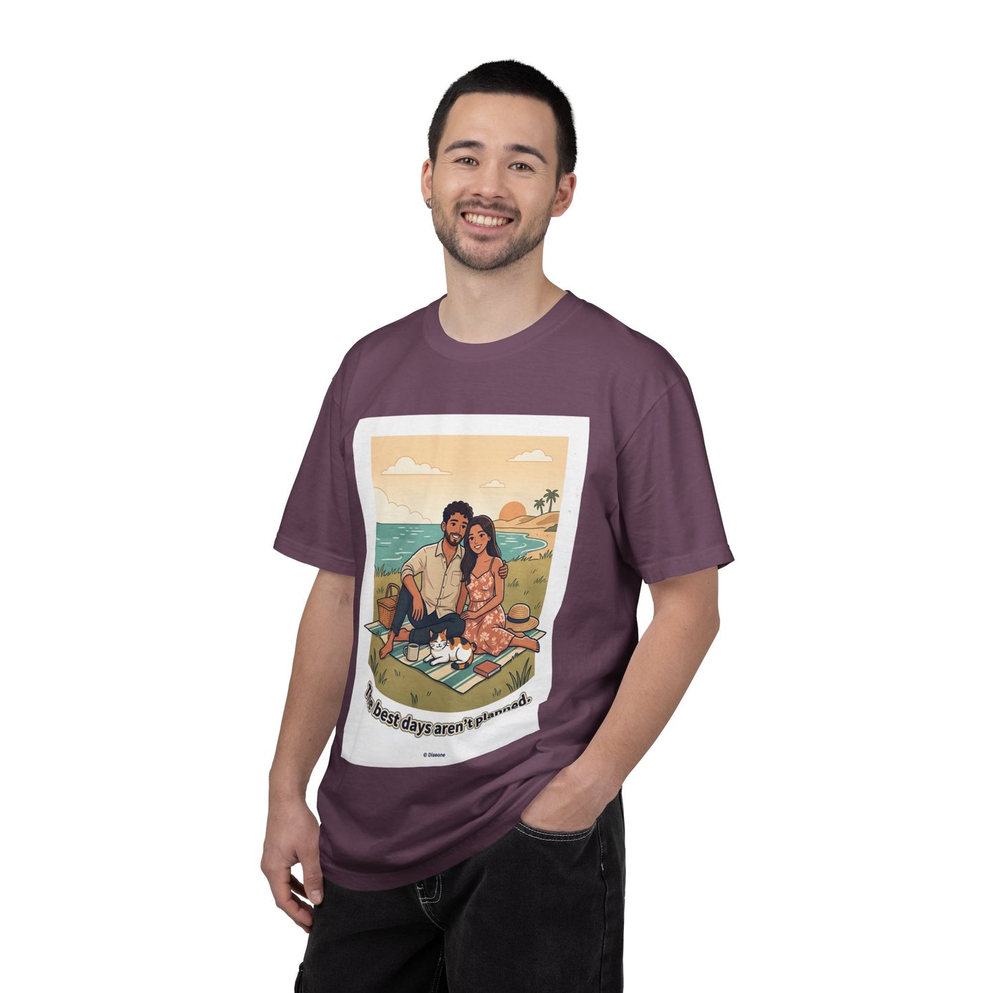 Beach Picnic Couple T‑Shirt — “The best days aren’t planned.” Relaxed Vacation Tee