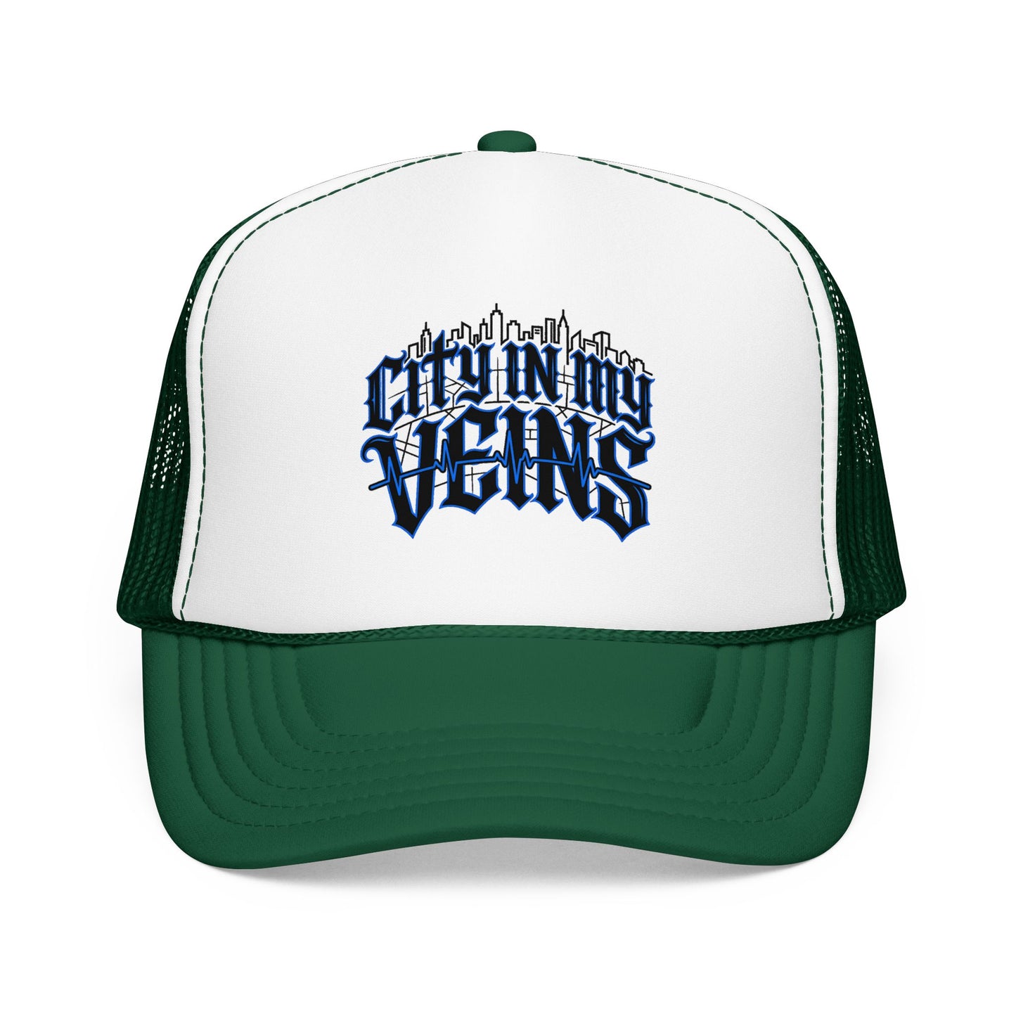 City In My Veins Foam Trucker Hat — Urban Gothic Blue Embroidered Cap