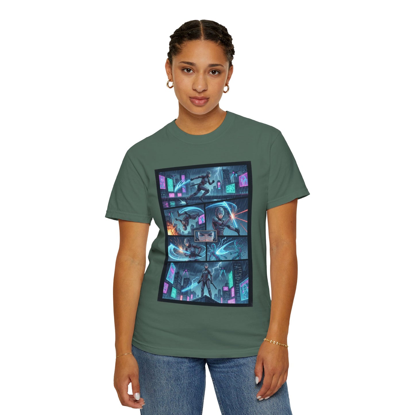 Cyberpunk Girl Samurai T-Shirt — Neon Manga Panel Graphic Tee