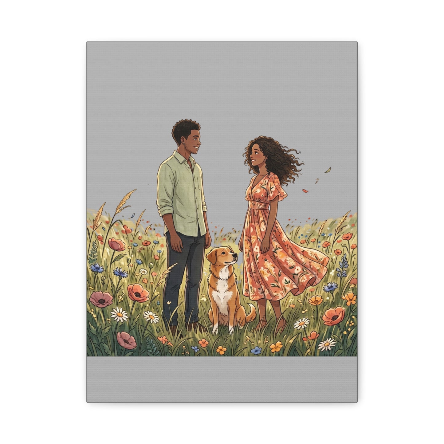 Romantic Couple in Wildflower Field Canvas Art — Black Love Wall Decor with Dog