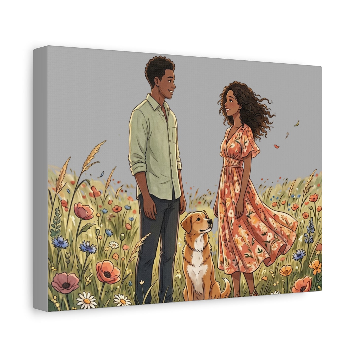 Romantic Couple in Wildflower Field Canvas Art — Black Love Wall Decor with Dog