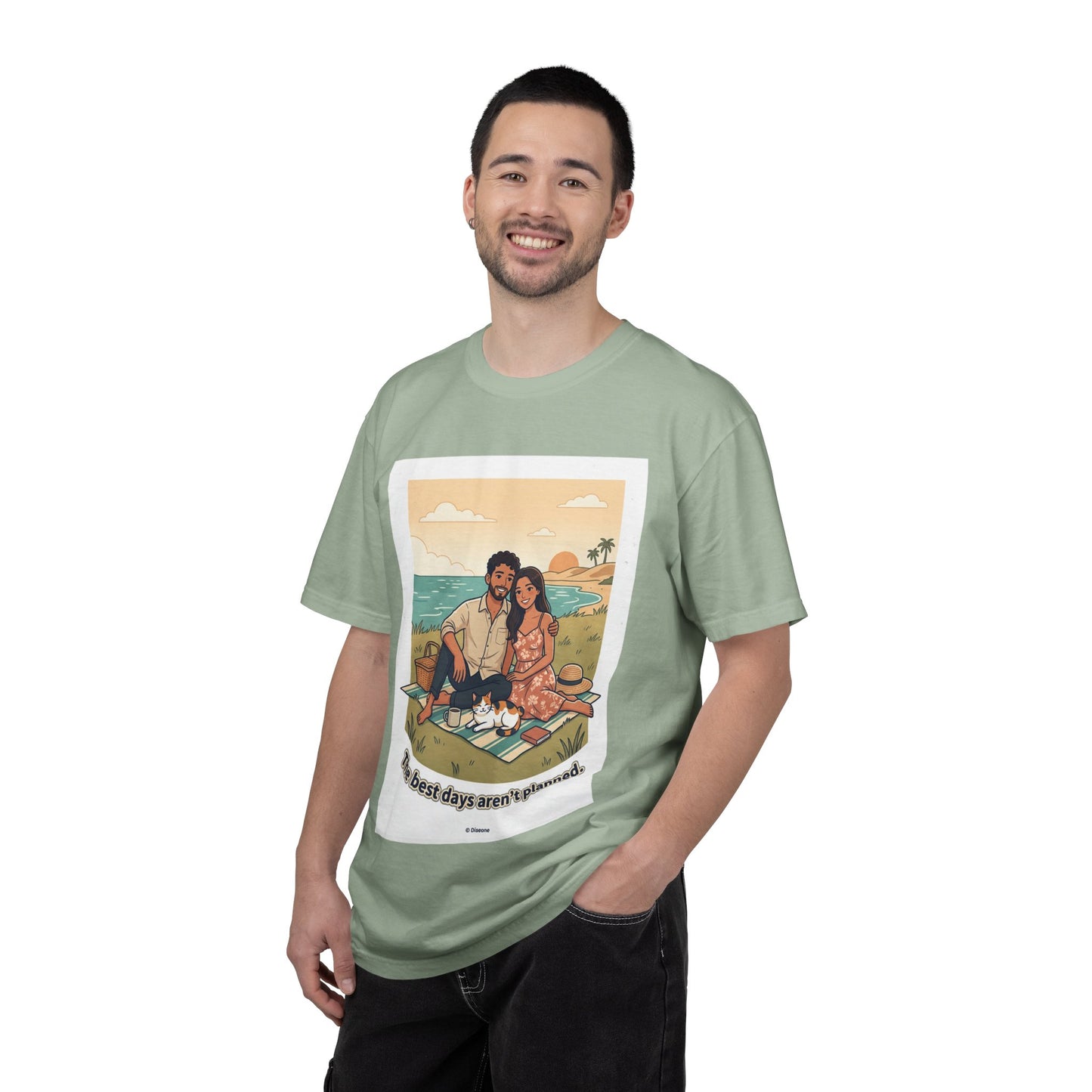 Beach Picnic Couple T‑Shirt — “The best days aren’t planned.” Relaxed Vacation Tee